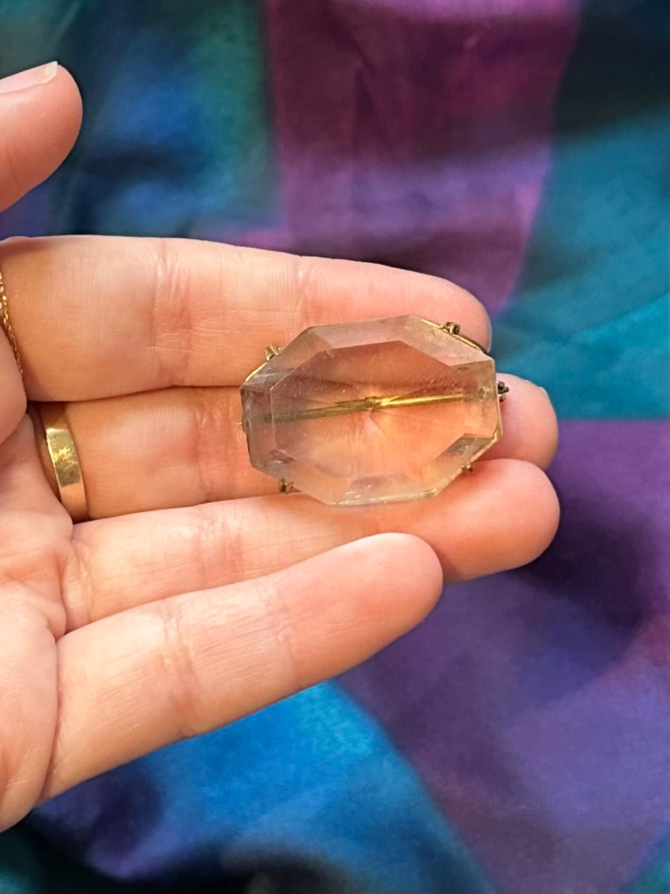 Antique Art Deco Czechoslovakia Faceted Clear Cut Glass Octagonal Gold Tone Brooch Pin