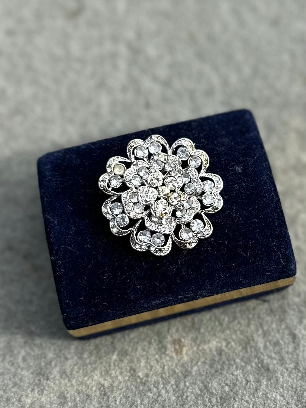 Vintage Floral Brooch Pin Clear Rhinestones Silver Tone 1.5”
