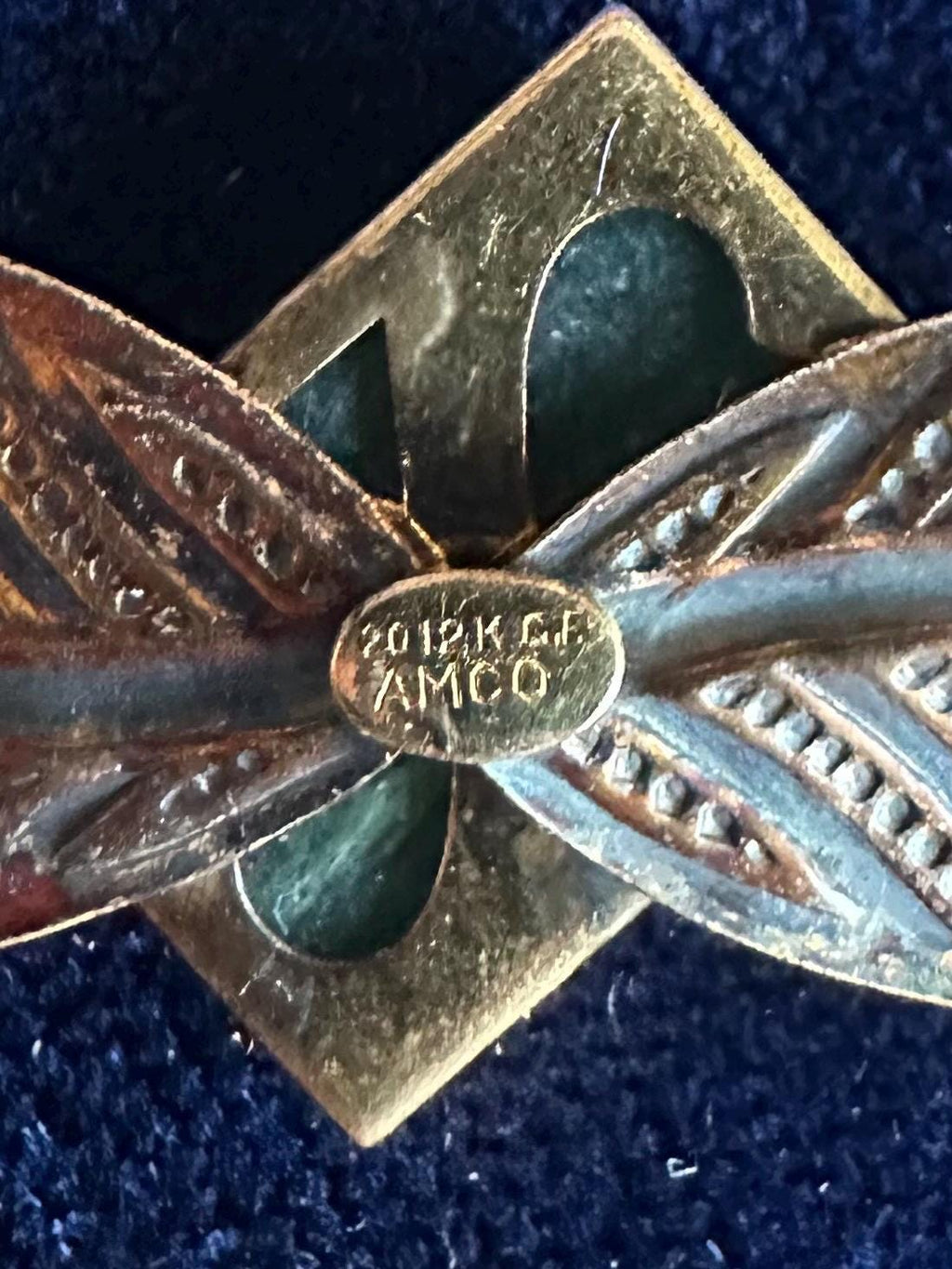 Vintage Midcentury Signed AMCO 1/20 12k GF Gold Filled & Green Stone Leaf Brooch Pin A. Micallef and Company