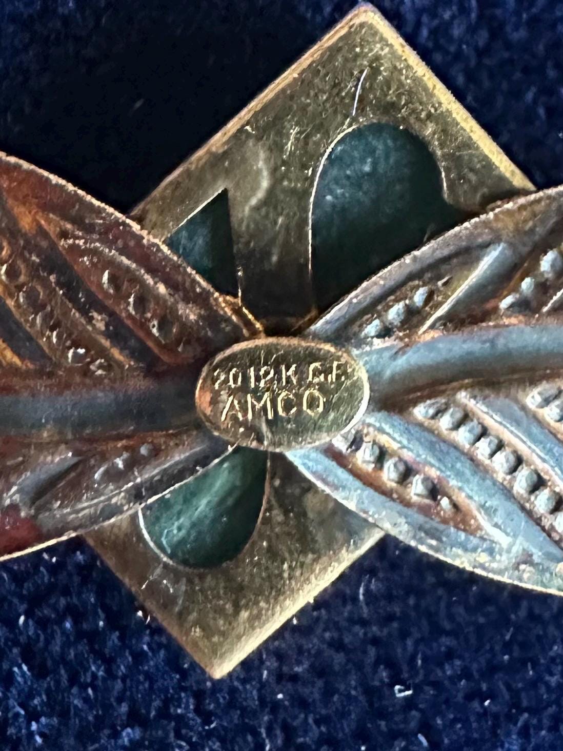 Vintage Midcentury Signed AMCO 1/20 12k GF Gold Filled & Green Stone Leaf Brooch Pin A. Micallef and Company