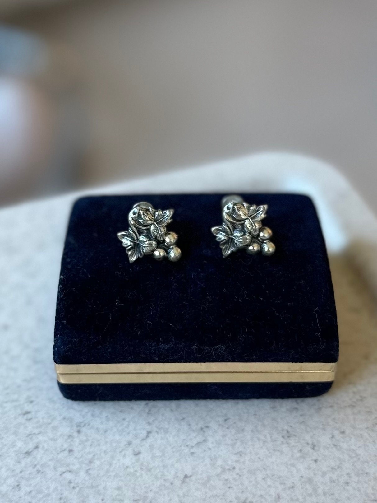 Vintage Midcentury Signed Jewel Art Sterling Silver Grape Leaves Cluster Motif Screw Back Earrings