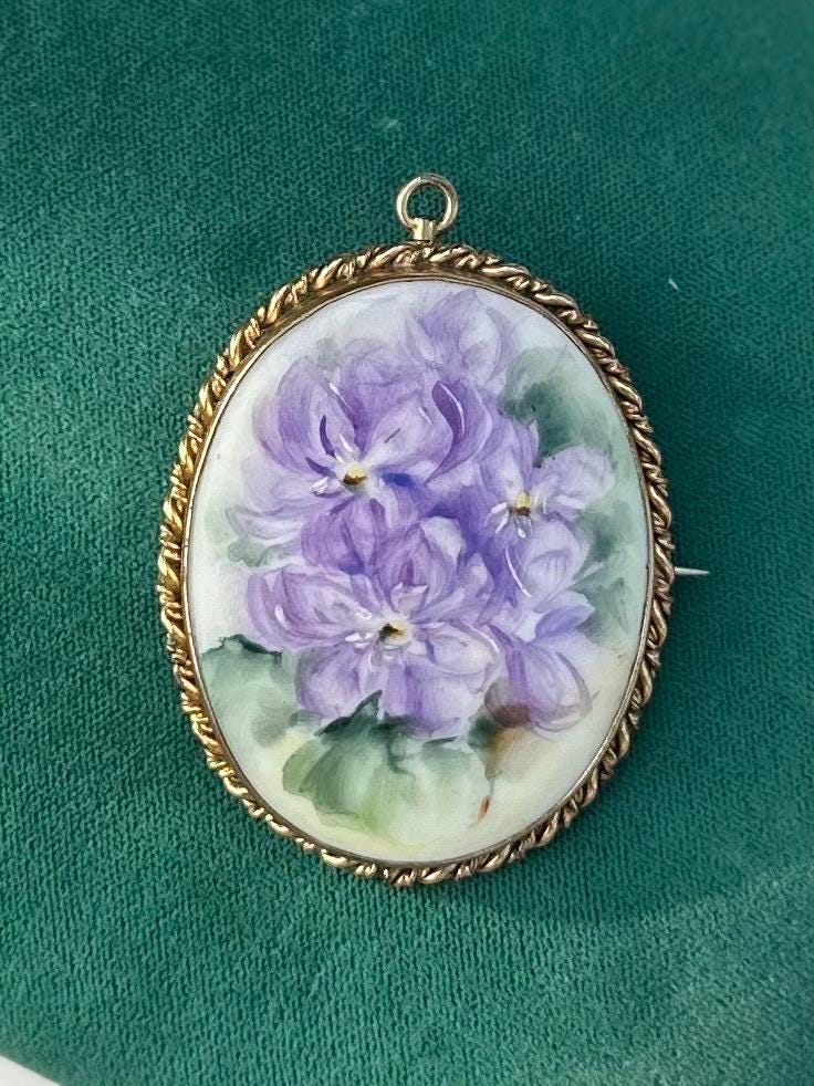 Antique Victorian Handpainted Floral African Violets Porcelain Gold Tone Brooch or Pendant C-Clasp
