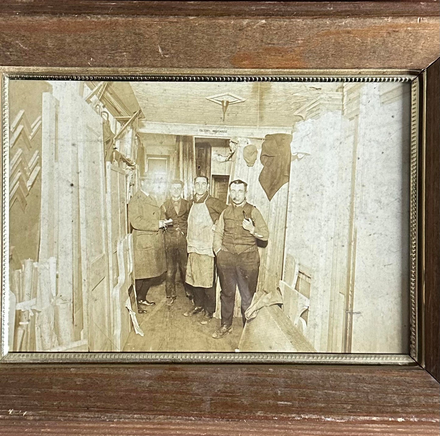 Wood Framed 1920s Photograph Men in Factory Warehouse Jamaica Queens NY