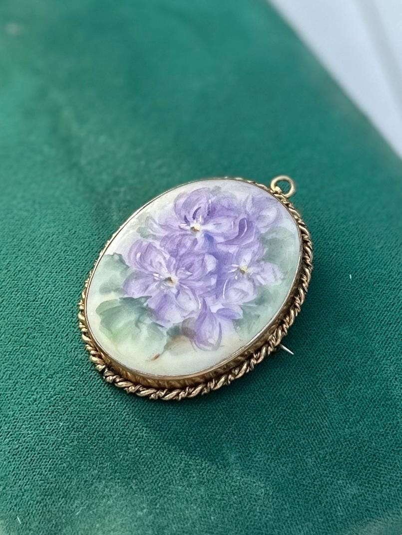 Antique Victorian Handpainted Floral African Violets Porcelain Gold Tone Brooch or Pendant C-Clasp