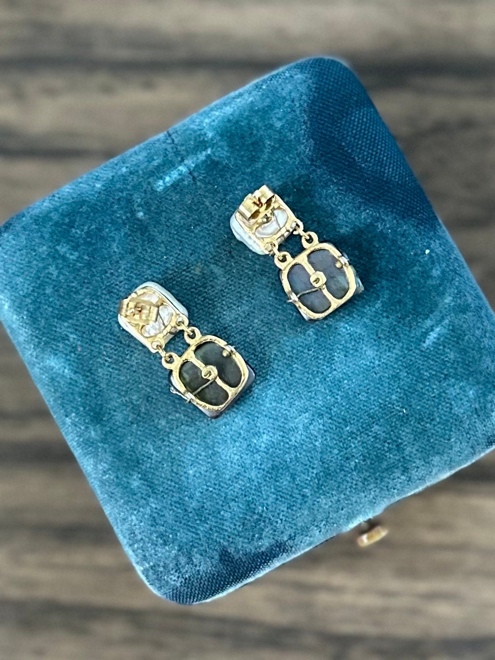Baroque Style Square Mother of Pearl & Abalone Wire Wrapped Gold Tone Dangle Drop Earrings