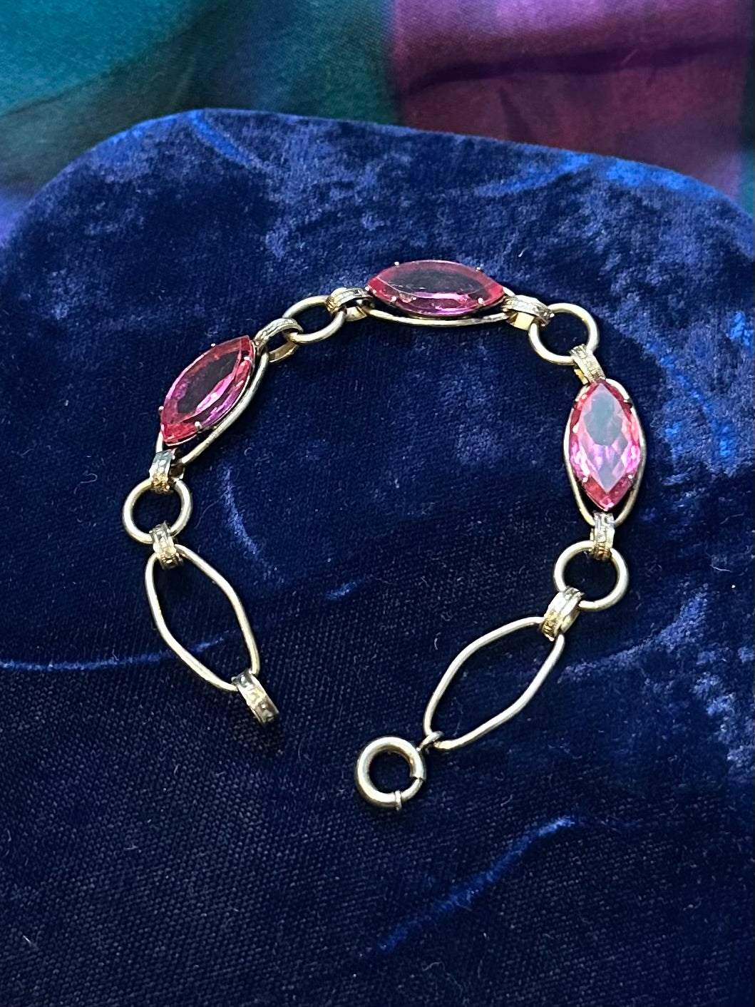 Art Deco 1930s 1940s 12k 1/20 Gold Filled & Pink Faceted Glass Marquise Rhinestone Bracelet