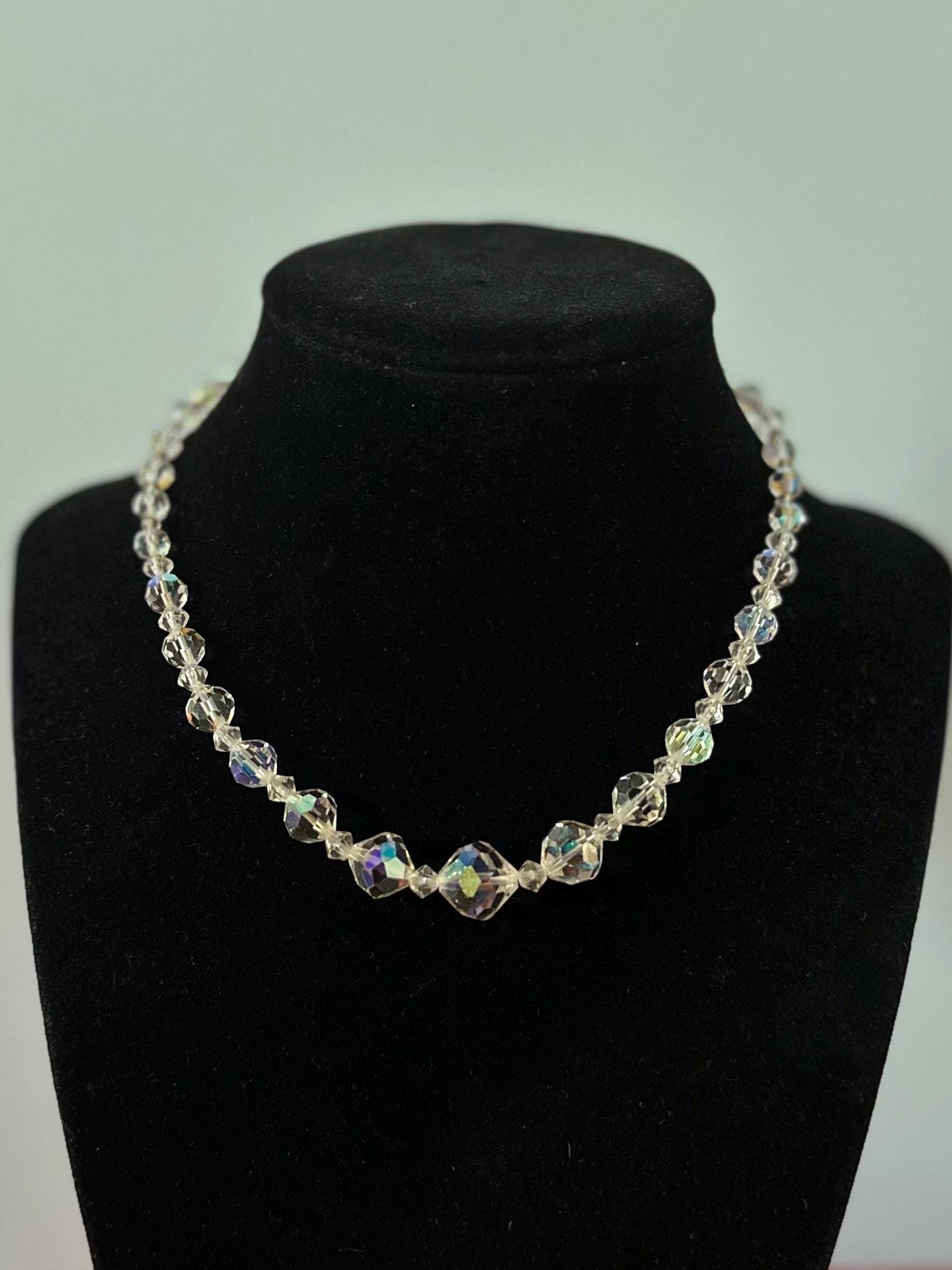 Vintage 1950s Midcentury Faceted Iridescent Clear Graduated Crystal Beaded Necklace Adjustable 15.25” Hook Closure