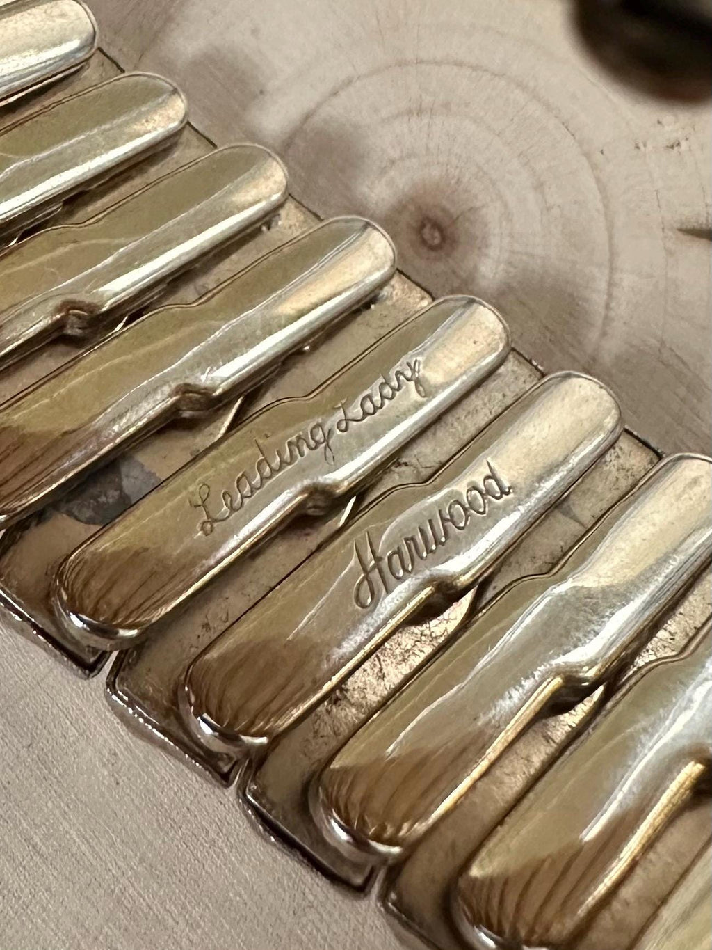 Vintage 1940s Signed HARWOOD Leading Lady Gold Tone & White Enamel Tank Track Expansion Bracelet Stretches