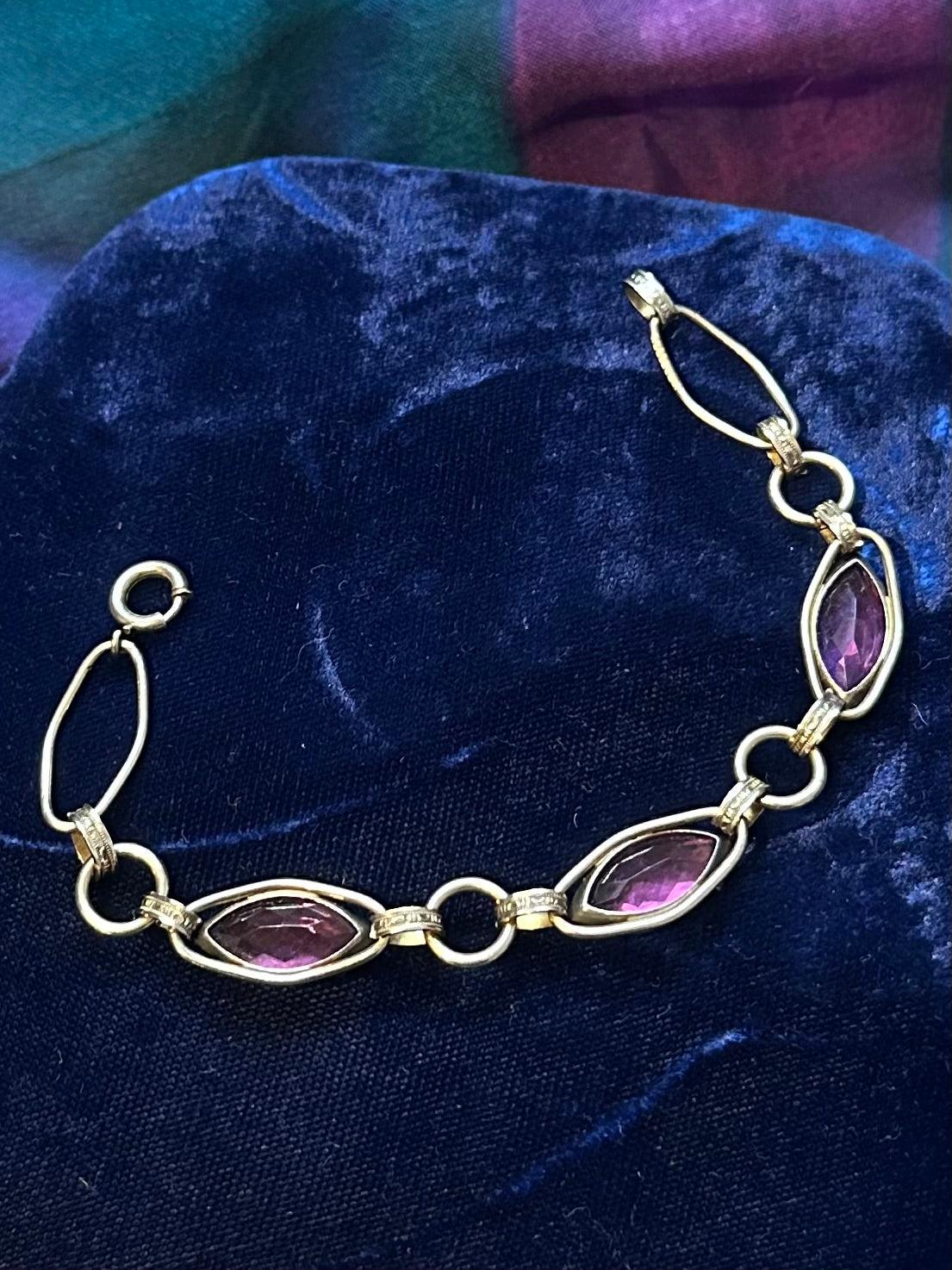 Art Deco 1930s 1940s 12k 1/20 Gold Filled & Pink Faceted Glass Marquise Rhinestone Bracelet