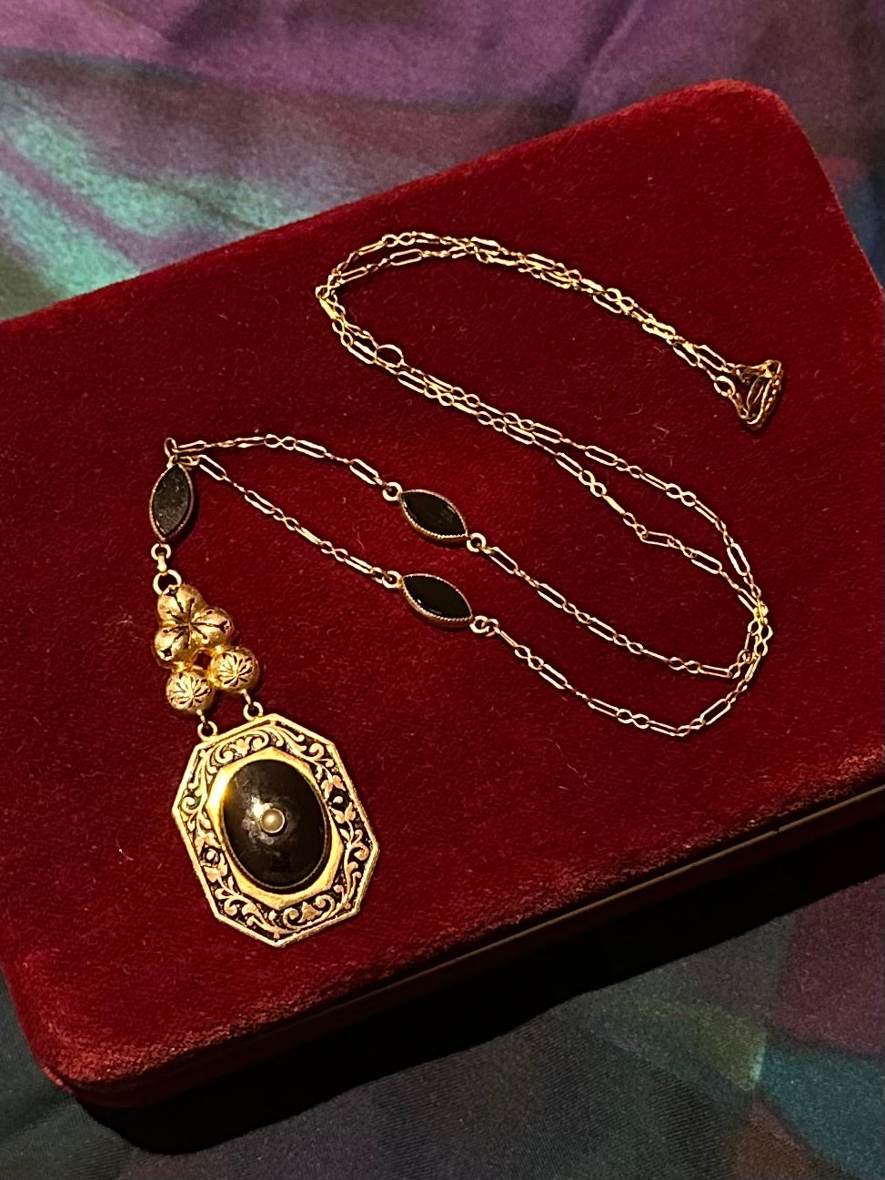 Antique Edwardian Era Gold Filled Black Onyx & Seed Pearl Pendant Necklace