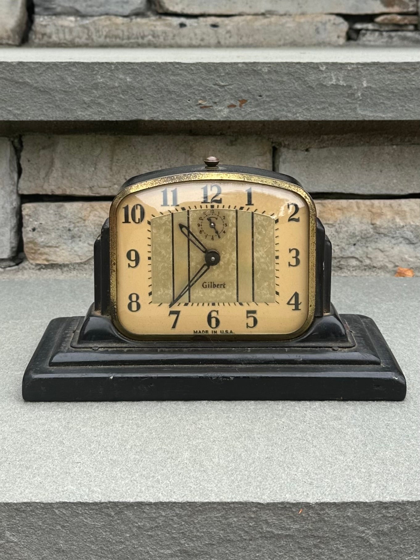 Antique Art Deco Gilbert Alarm Clock Black Metal Case on Repurposed Wooden Crate Base