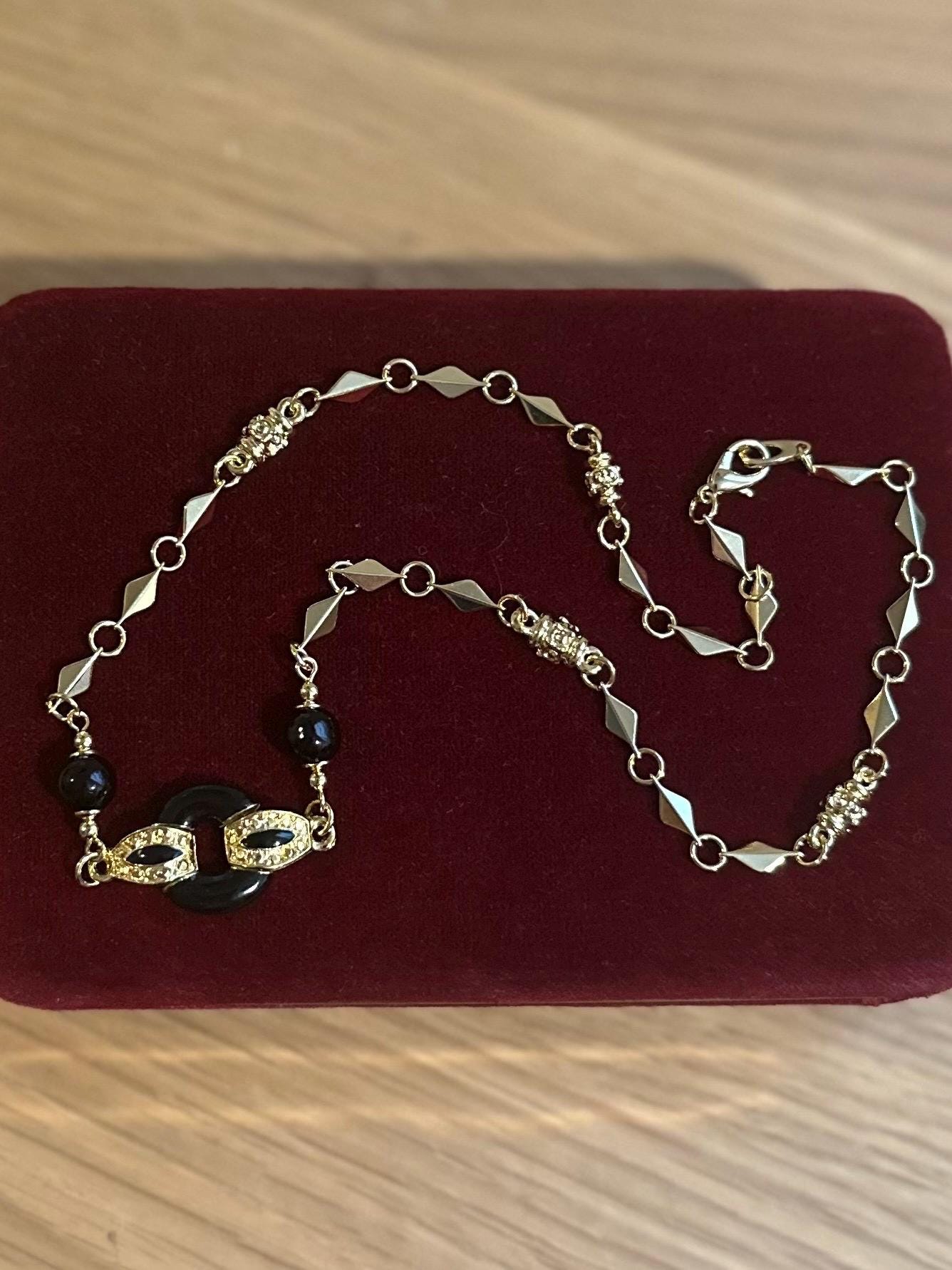 Vintage Shiny Gold Tone & Black Geometric Textured Necklace 17.25”