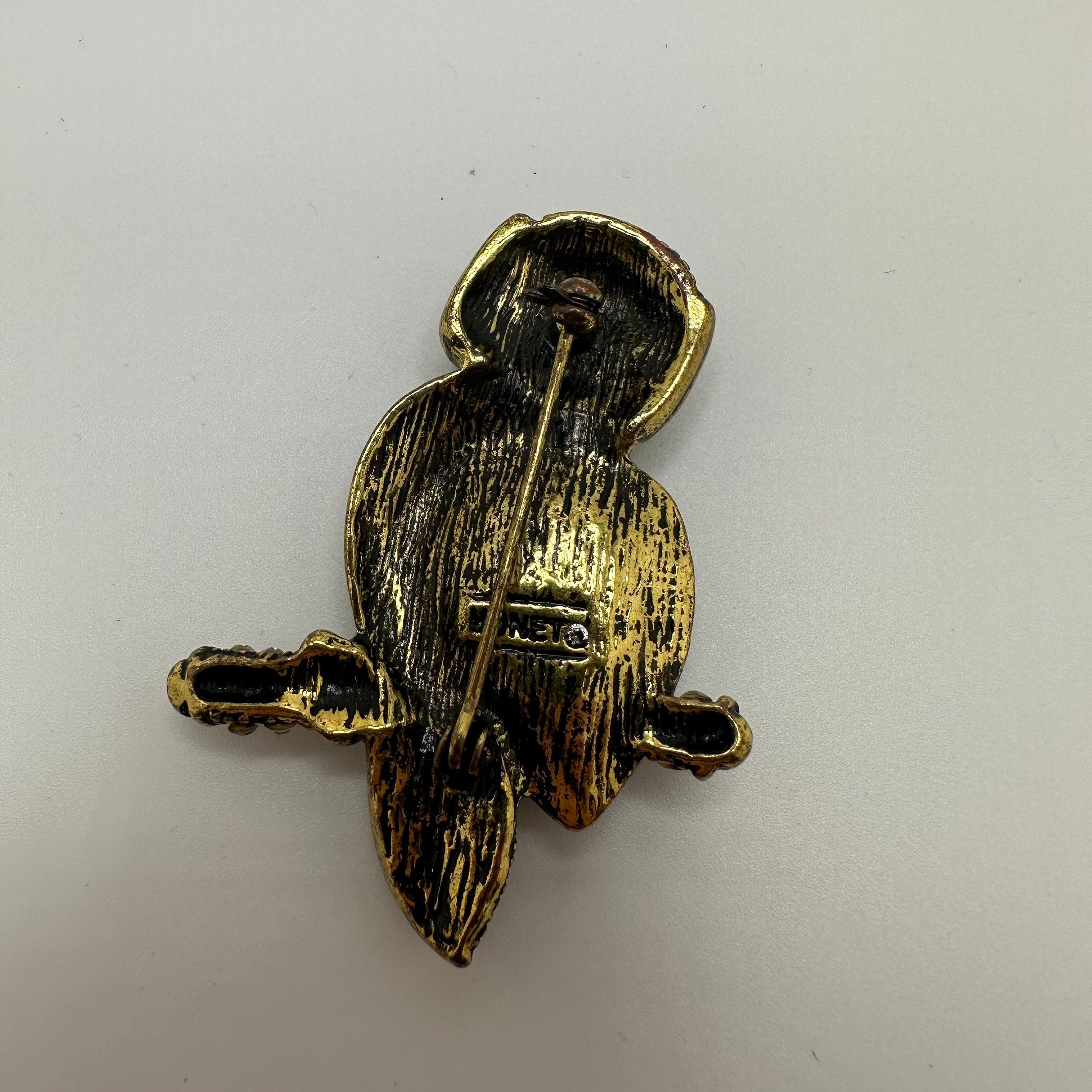Vintage Signed Monet Gold Tone Owl Brooch Pin with Pink Rhinestones Large Orange Faceted Stone