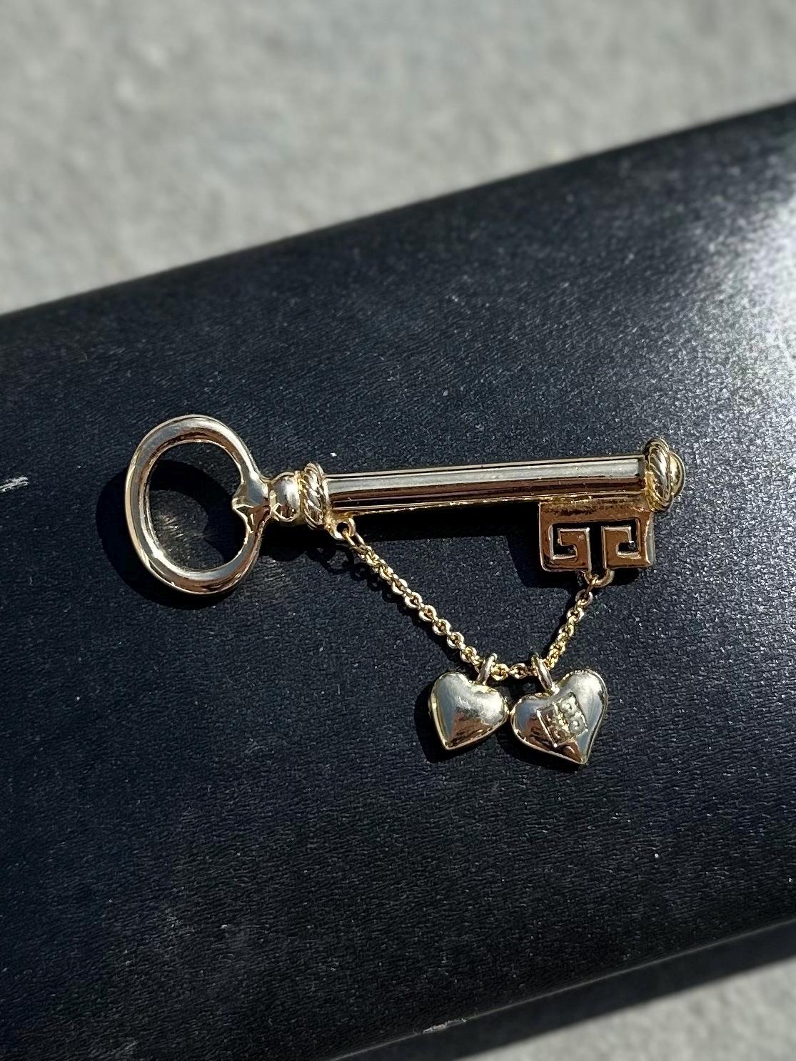 Vintage Signed GIVENCHY Gold Tone Skeleton Key Dangle Heart Brooch Designer GG Logo