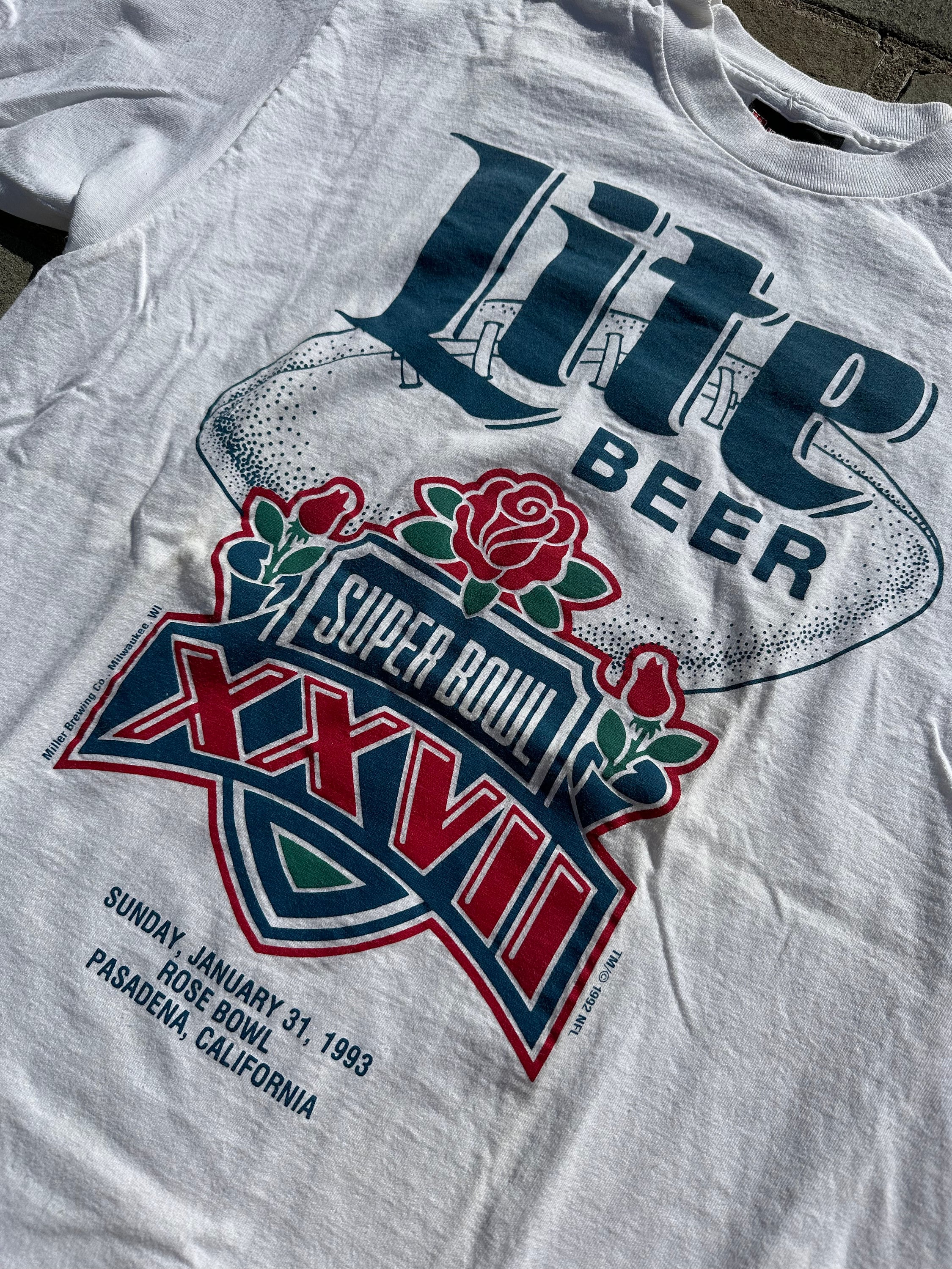 Vintage 1993 Super Bowl XXVII Rose Bowl Miller Lite Single Stitch White T-Shirt Tee Holoubek Brand 100% Cotton