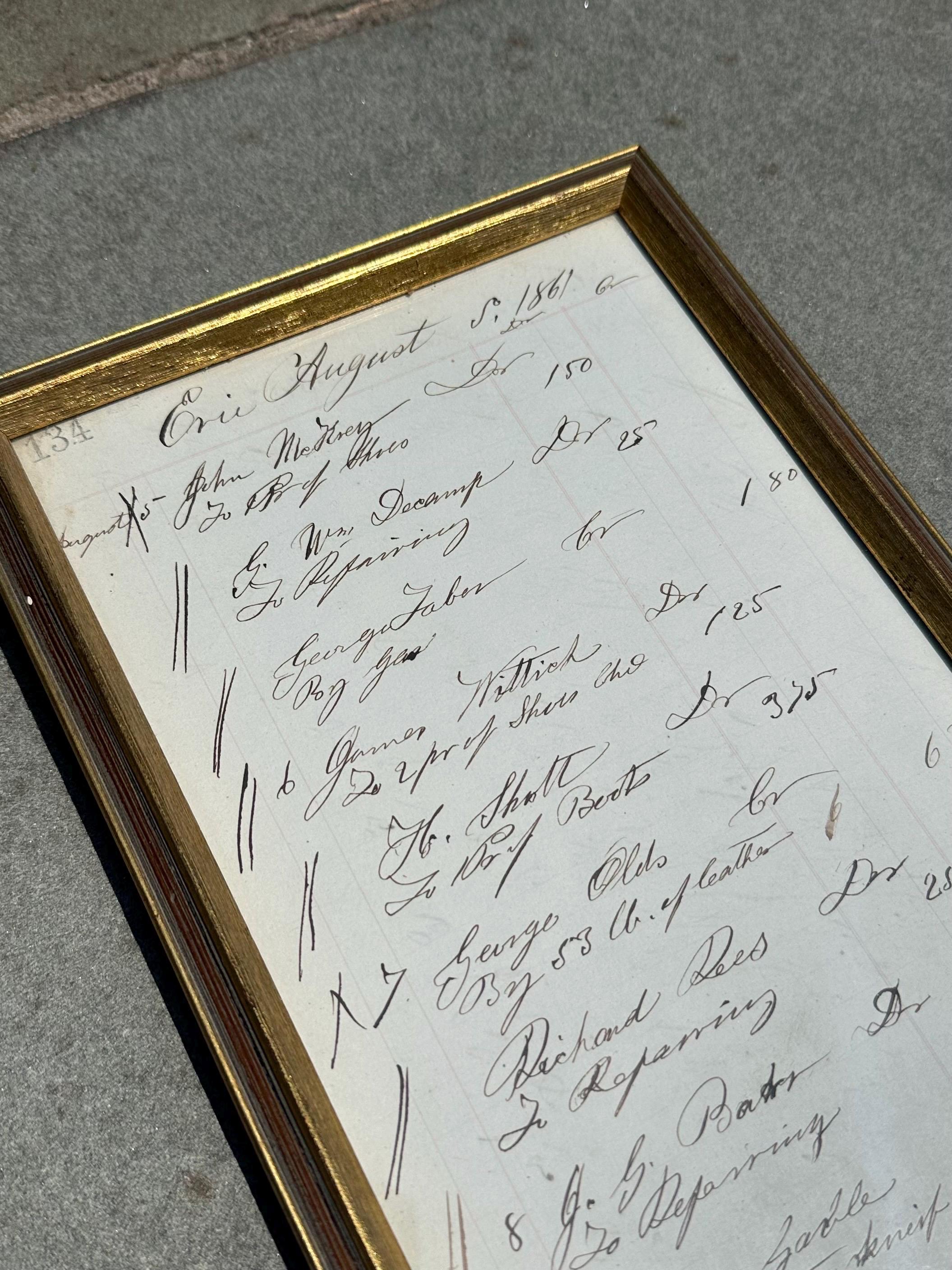Vintage Framed 19th Century Store Sales Ledger Dated August 1861 Antique Ephemera 16x7