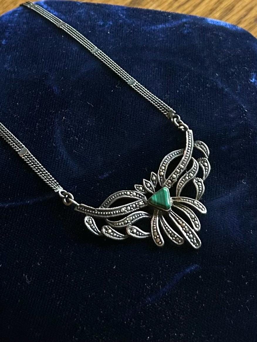 Vintage Art Deco Style Sterling Silver Marcasite & Malachite Pendant Necklace 17”