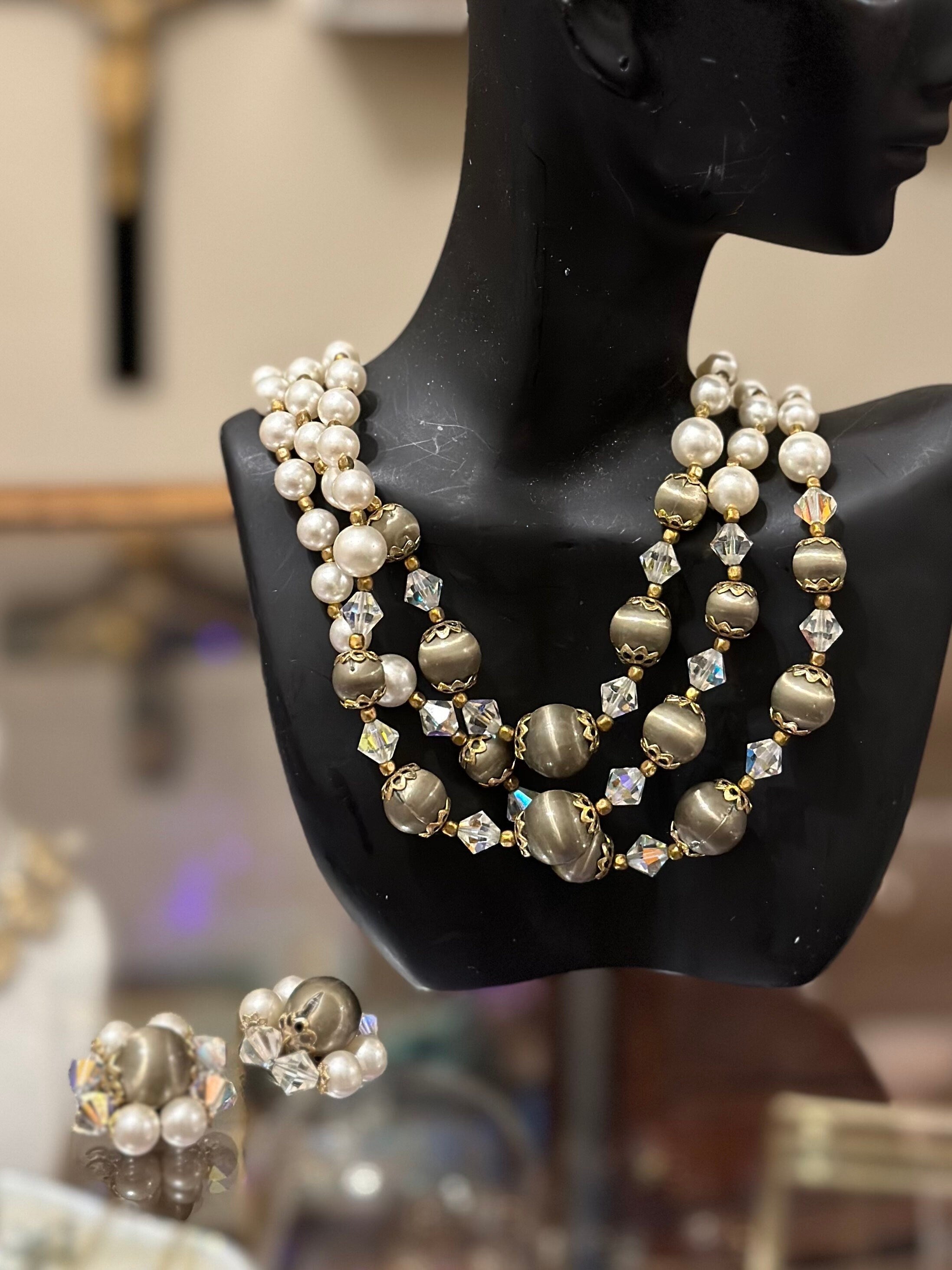 Vintage 1960s Faux Taupe & Cream Pearl and Crystal Beaded Triple Strand Choker Collar Necklace with Matching Clip-On Earrings