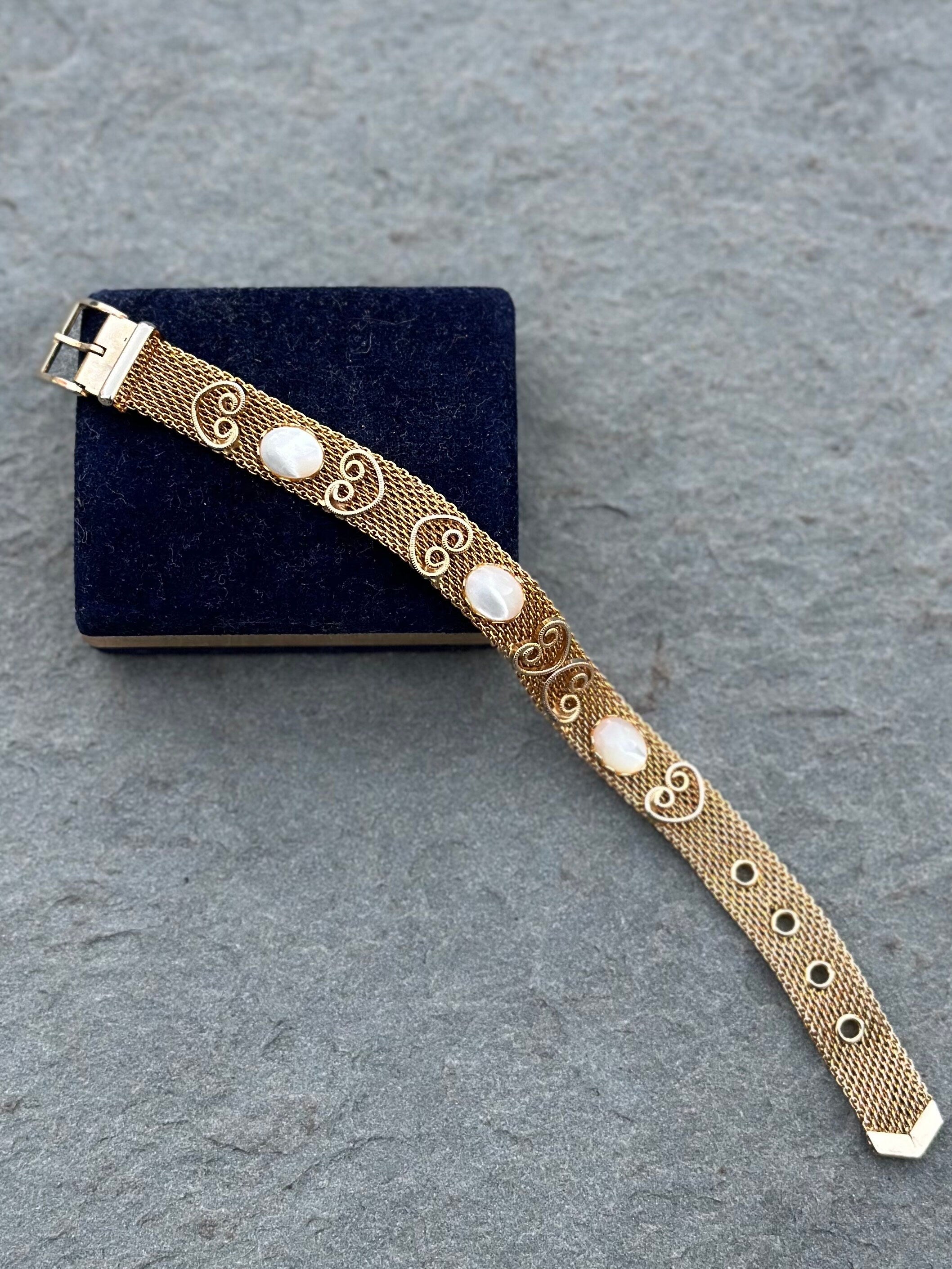 1970s Vintage Gold Tone Mesh Belt Bracelet with Cabochon Faux Opal Stones Midcentury
