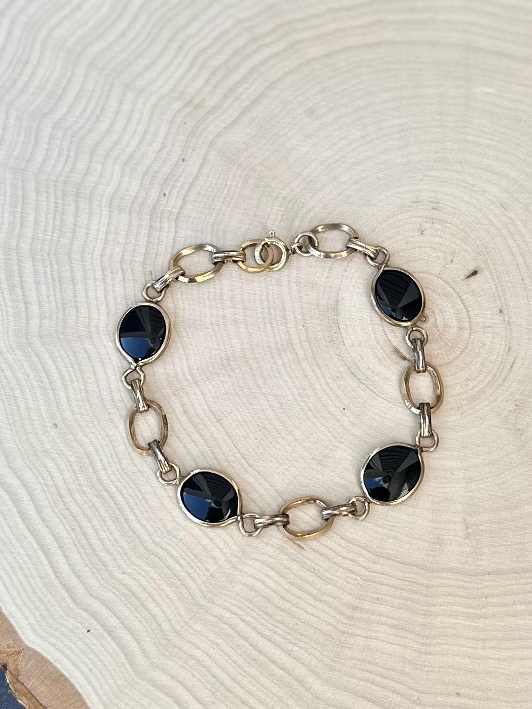 Vintage 1/20 12k GF Gold Filled & Polished Black Onyx Link Bracelet 7.25”