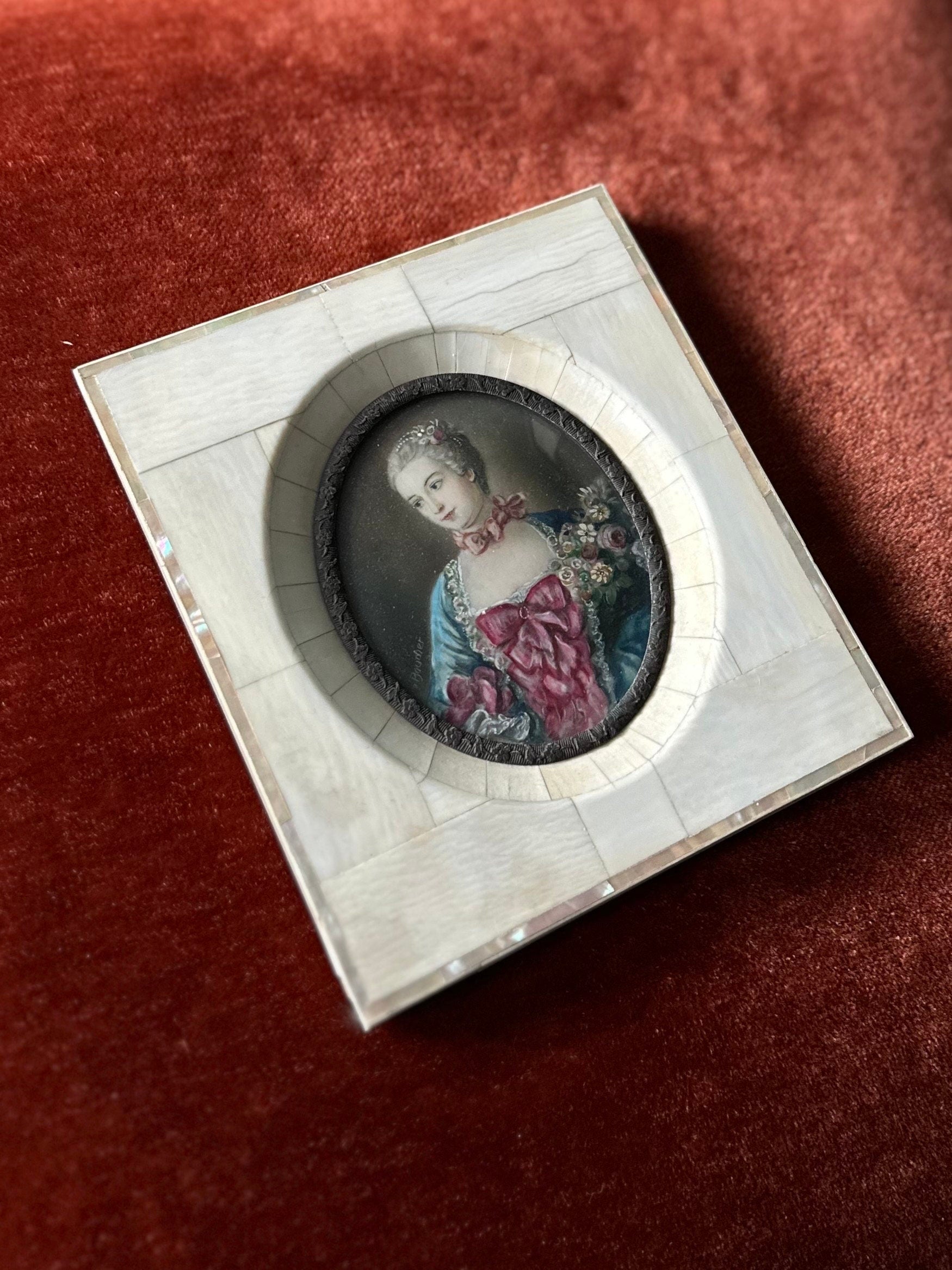 Antique 19th Century Hand Painted & Finely Detailed French Portrait of a Lady Mother of Pearl Frame V. Boucher
