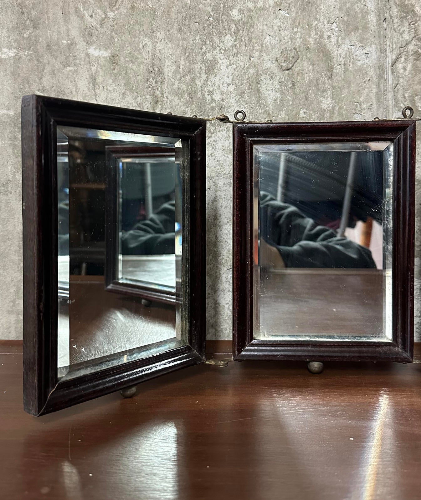 Antique 19th Century Victorian Tabletop Tri-Fold Shaving Mirror Beveled Glass Wood Vanity Mirror