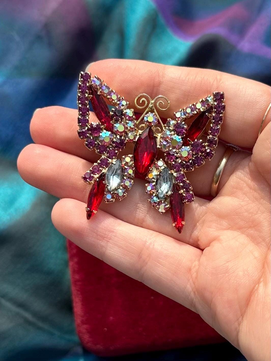 Vintage Midcentury Red, Pink & Aurora Borealis AB Faceted Rhinestone Butterfly Brooch Gold Tone
