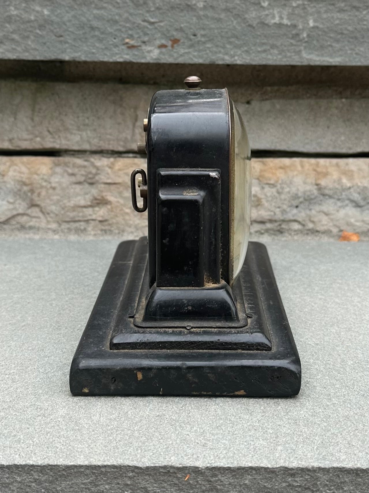 Antique Art Deco Gilbert Alarm Clock Black Metal Case on Repurposed Wooden Crate Base