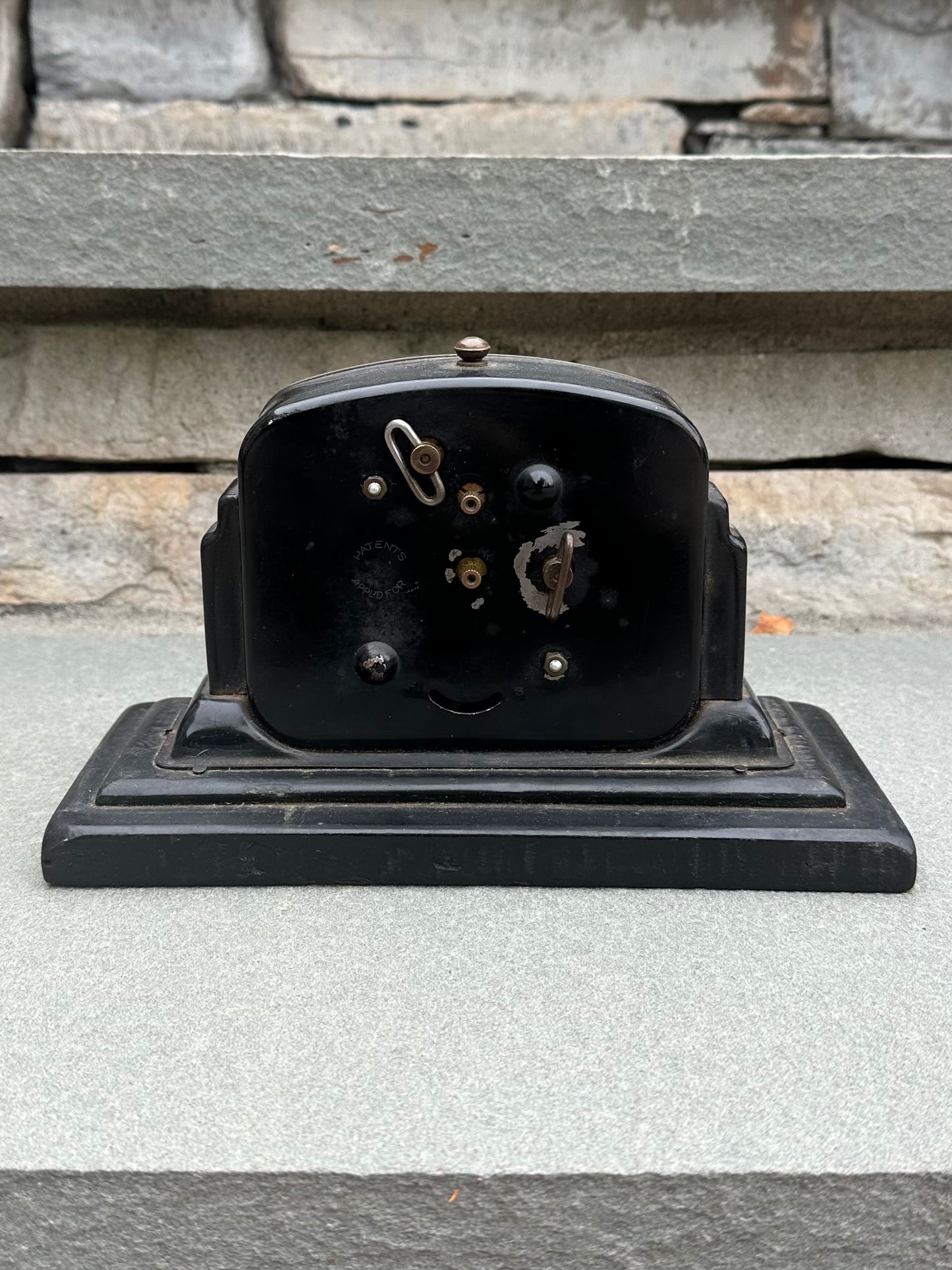 Antique Art Deco Gilbert Alarm Clock Black Metal Case on Repurposed Wooden Crate Base