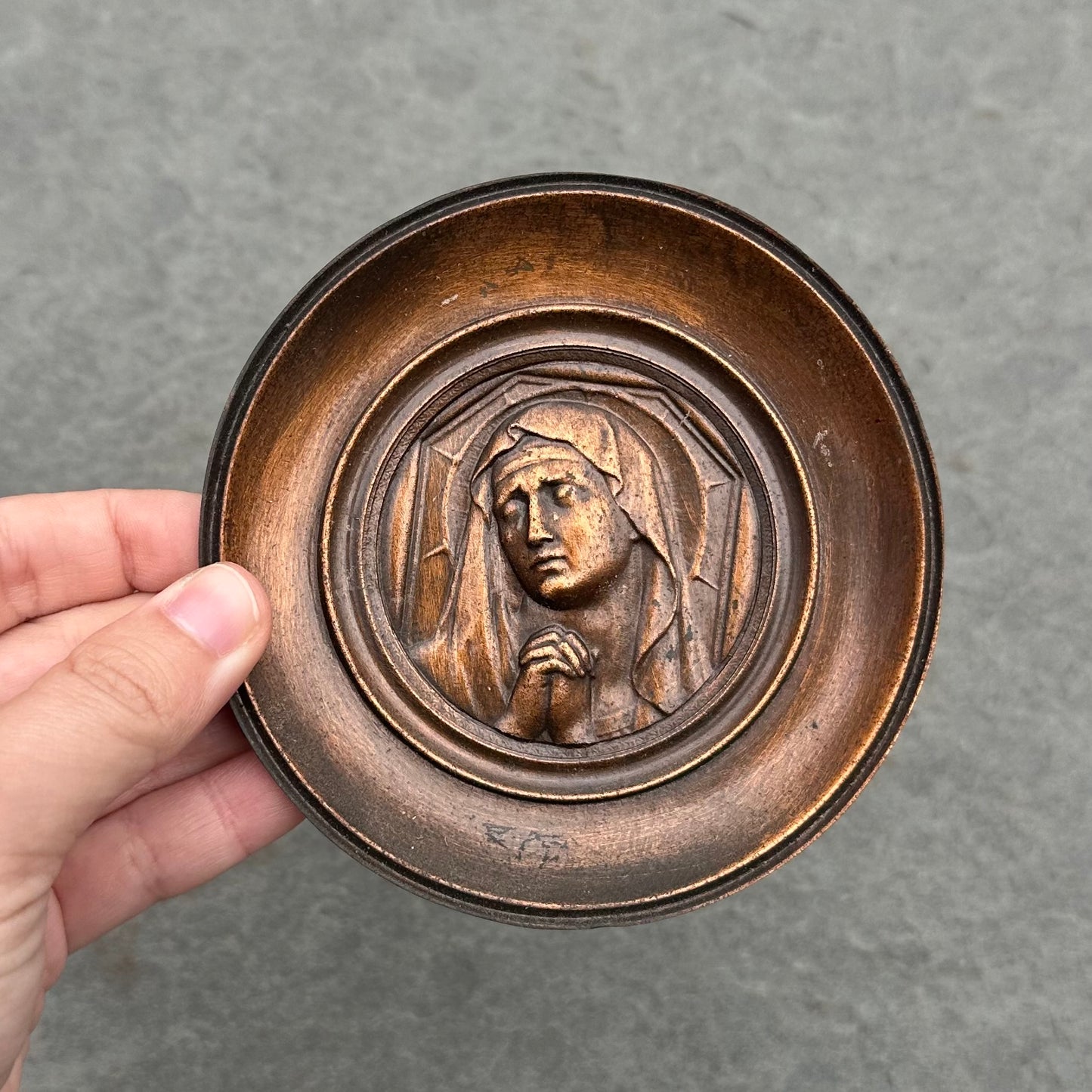 Antique Early 1900s Copper & Iron Religious Relief Wall Plaque | Virgin Mary