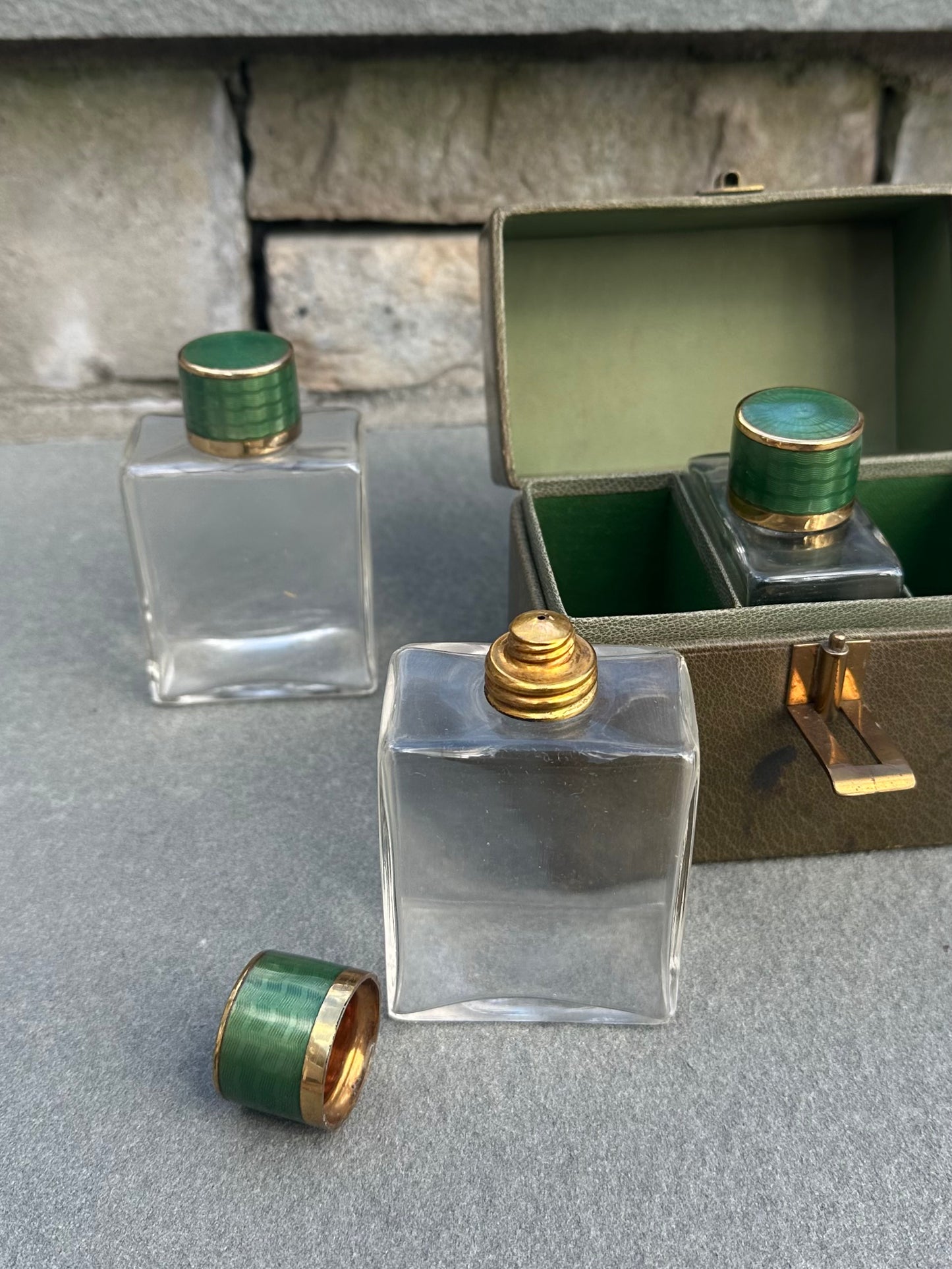Art Deco 1920s 1930s German Guilloche Enamel & Glass Travel Perfume Cologne Bottles in Green Traveling Case