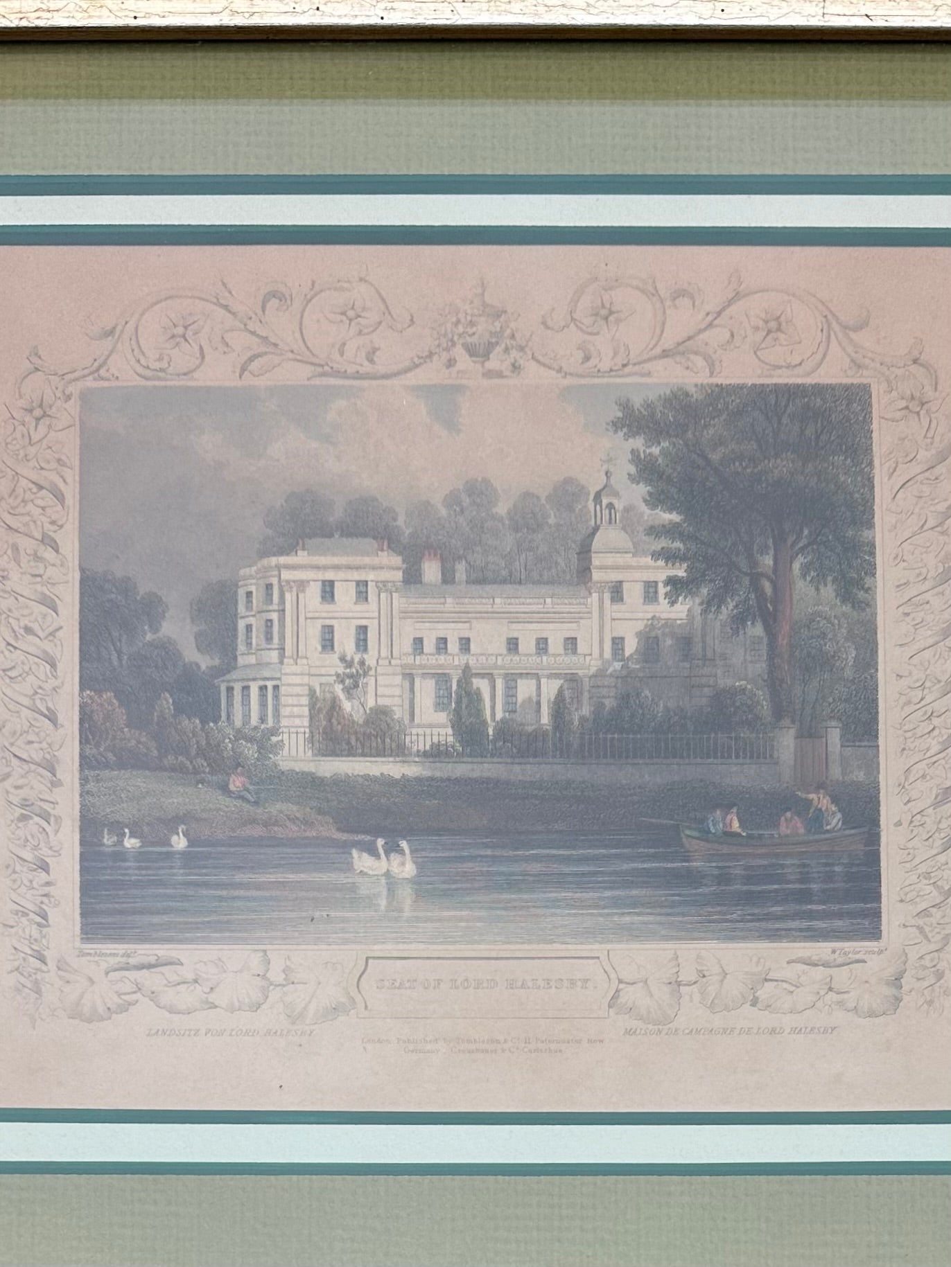 Framed & Matted Antique Engraved Print c.1840 Seat of Lord Halesby