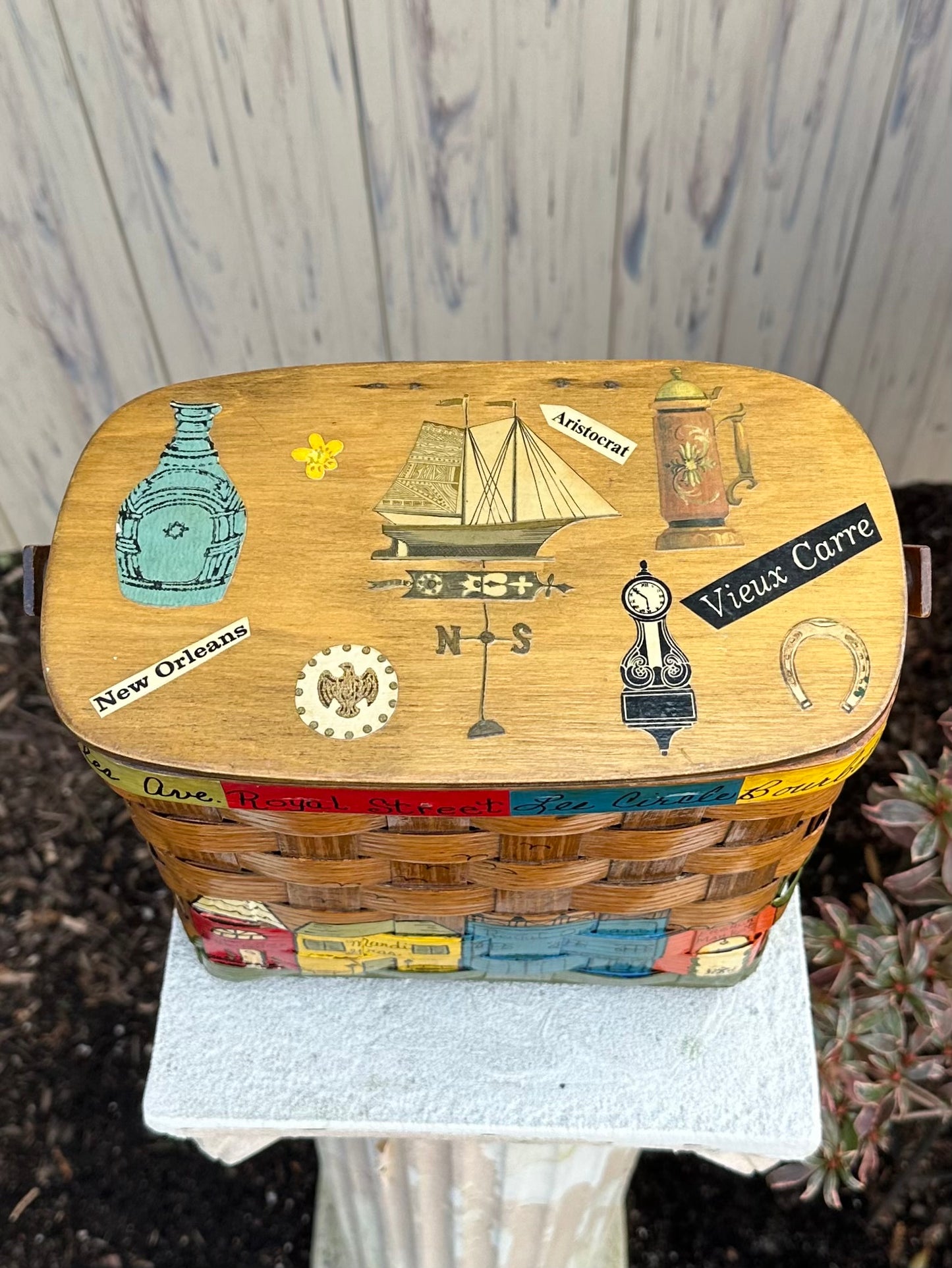 1960s New Orleans Hand Painted & Signed Katydid Wooden Picnic Basket Purse Specially for Godchaux