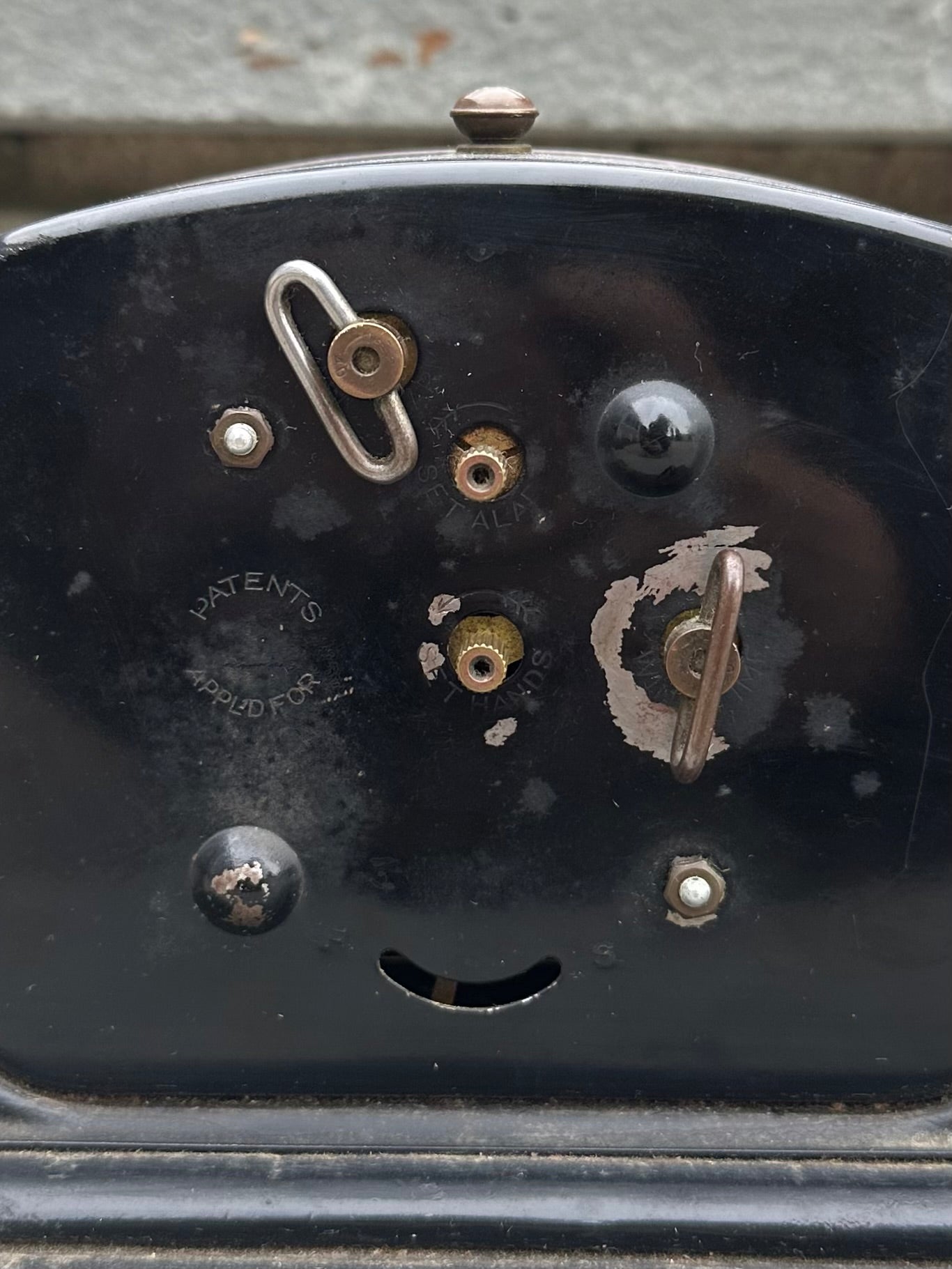 Antique Art Deco Gilbert Alarm Clock Black Metal Case on Repurposed Wooden Crate Base