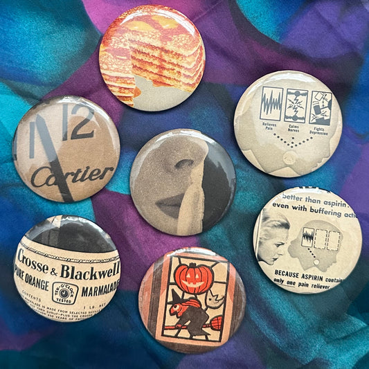 Pick One! Assorted Handmade Pinback Button Pins | October 1958 Family Circle Magazine