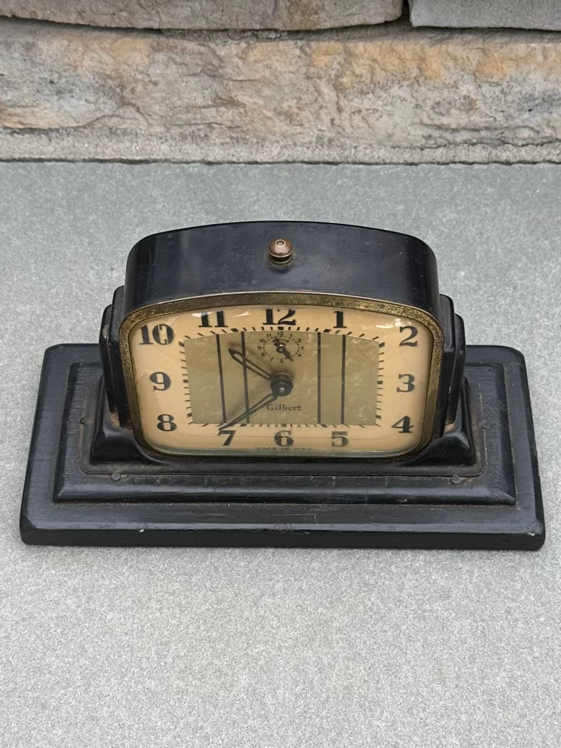 Antique Art Deco Gilbert Alarm Clock Black Metal Case on Repurposed Wooden Crate Base