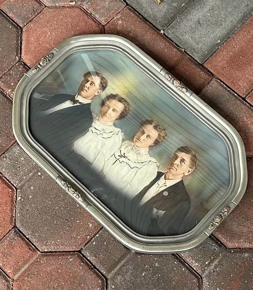 Antique Edwardian Convex Glass Framed Hand Tinted Dual Couple Family Portrait