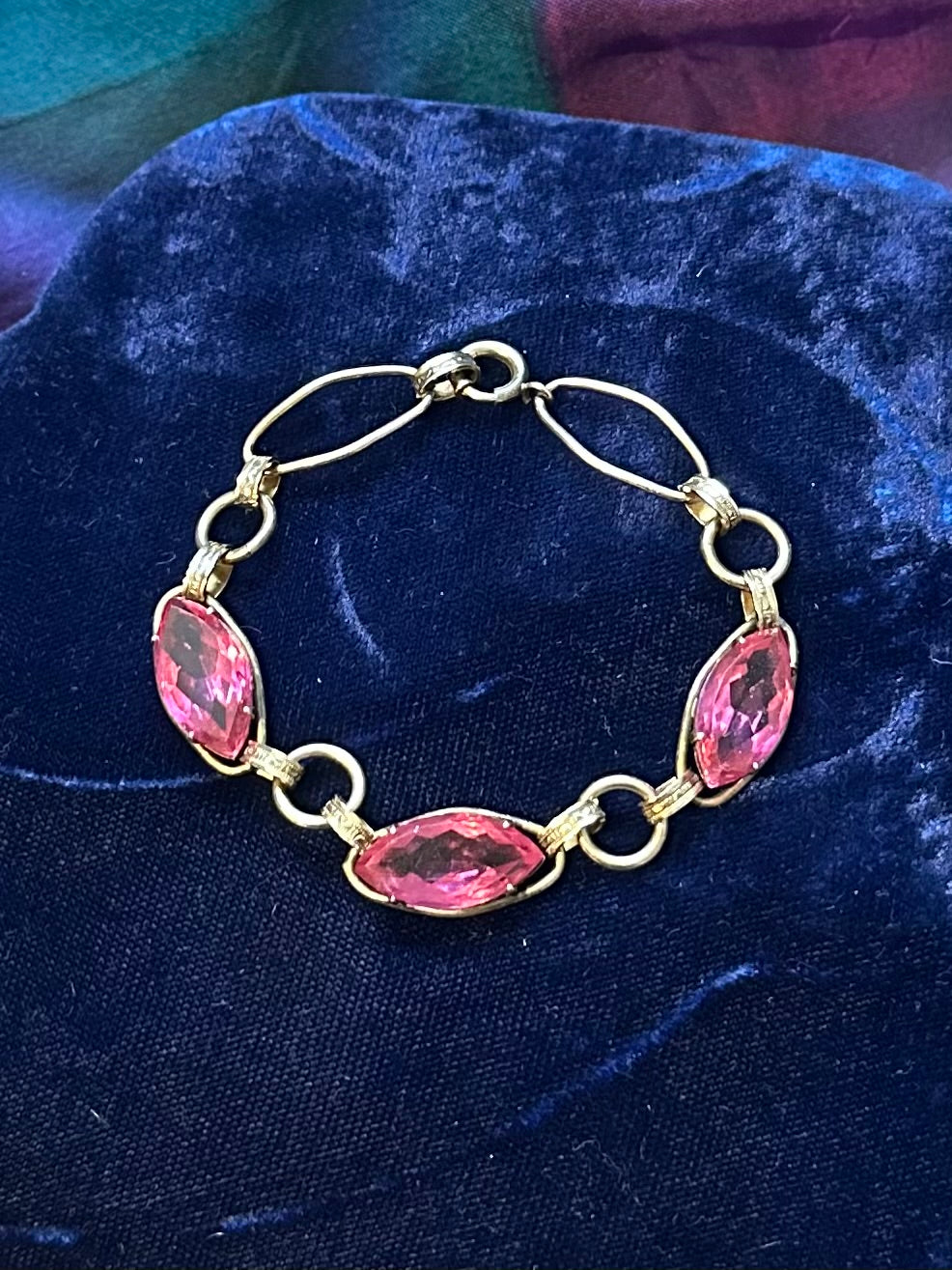 Art Deco 1930s 1940s 12k 1/20 Gold Filled & Pink Faceted Glass Marquise Rhinestone Bracelet