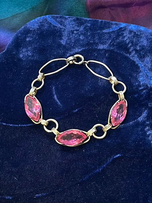 Art Deco 1930s 1940s 12k 1/20 Gold Filled & Pink Faceted Glass Marquise Rhinestone Bracelet