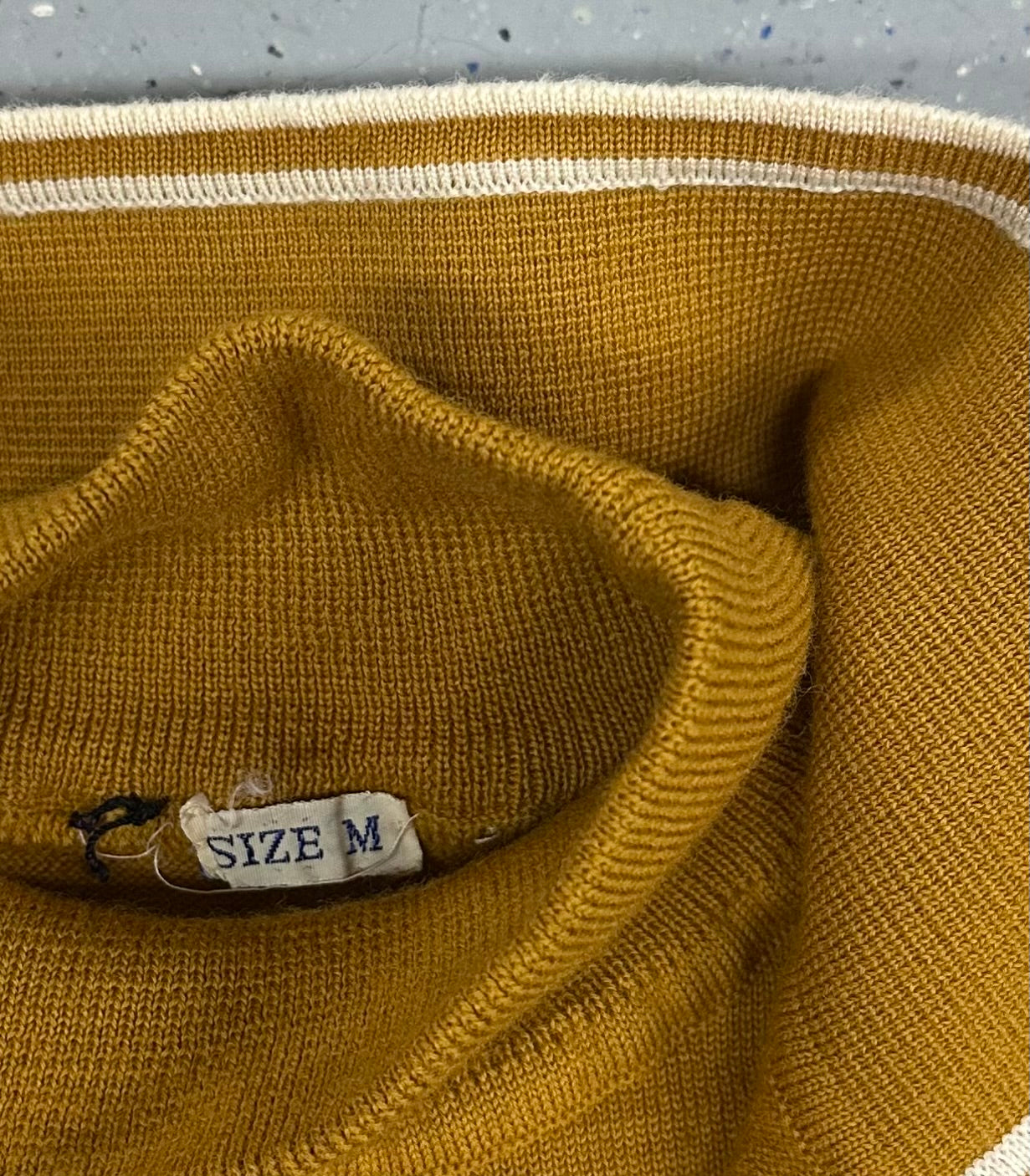 1960s 1970s Mustard Yellow White Stripe Mock Neck Collared Long Sleeve Sweater