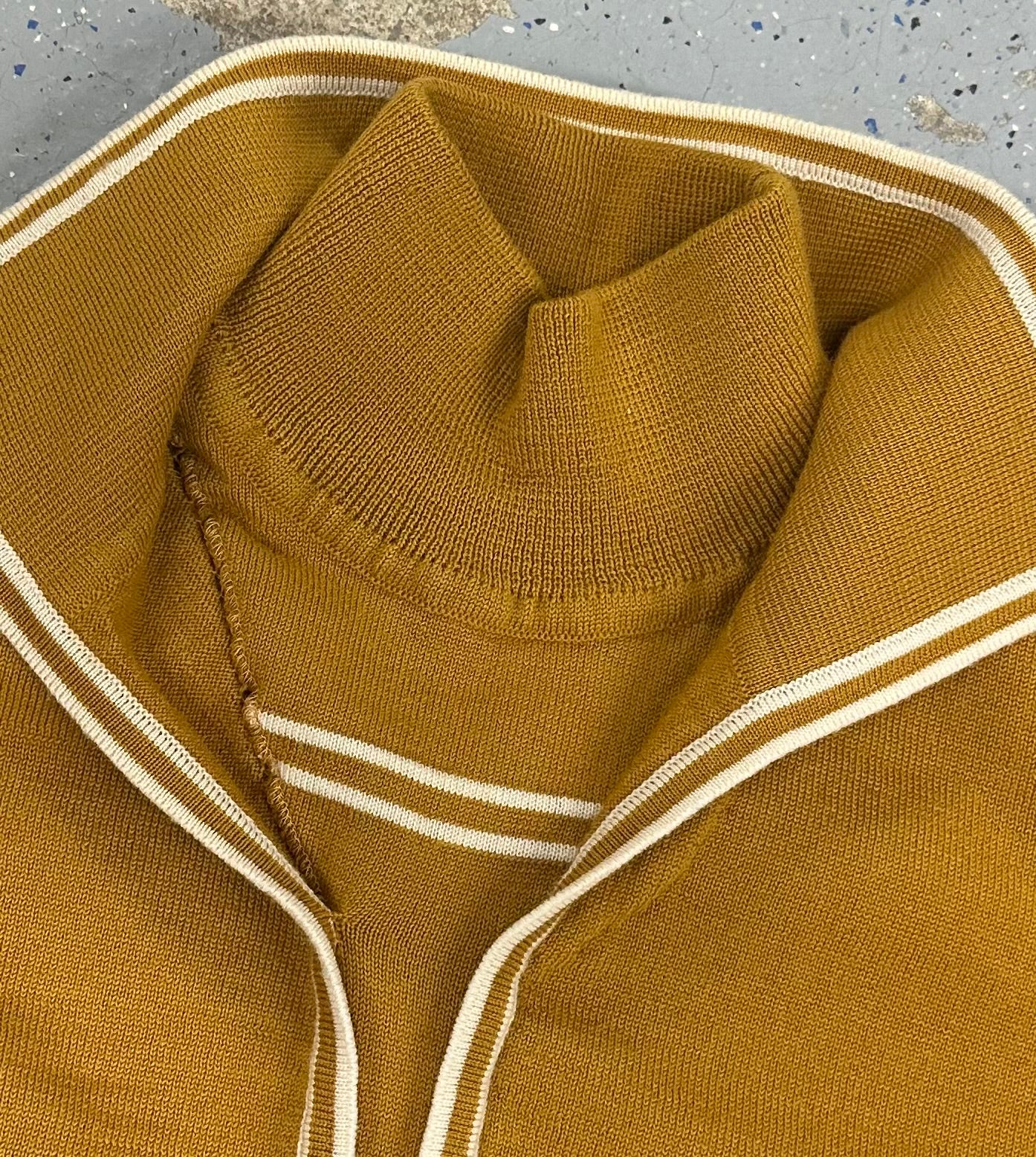 1960s 1970s Mustard Yellow White Stripe Mock Neck Collared Long Sleeve Sweater