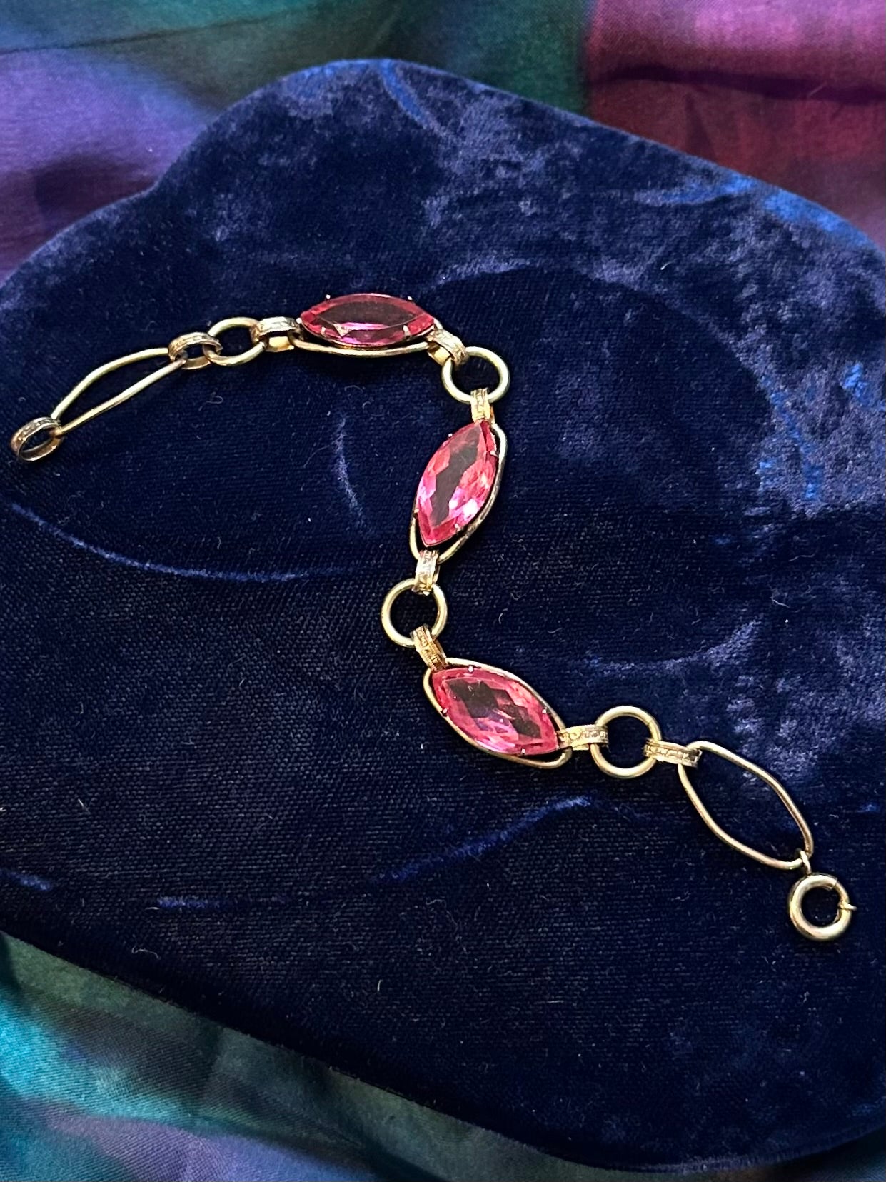 Art Deco 1930s 1940s 12k 1/20 Gold Filled & Pink Faceted Glass Marquise Rhinestone Bracelet