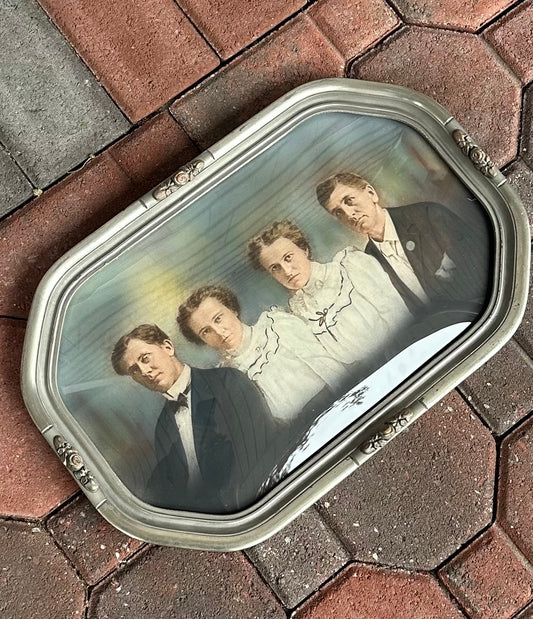 Antique Edwardian Convex Glass Framed Hand Tinted Dual Couple Family Portrait