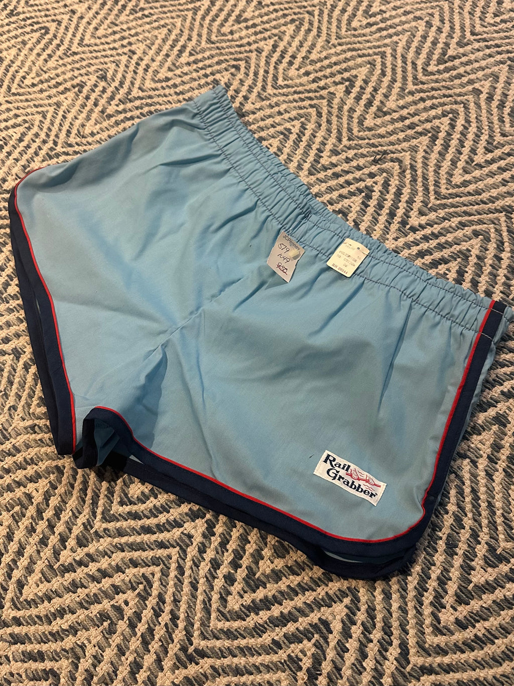Vintage 1980s Deadstock NOS Rail Grabber Light Blue Red & Navy Striped Men's Swim Trunks Short Shorts