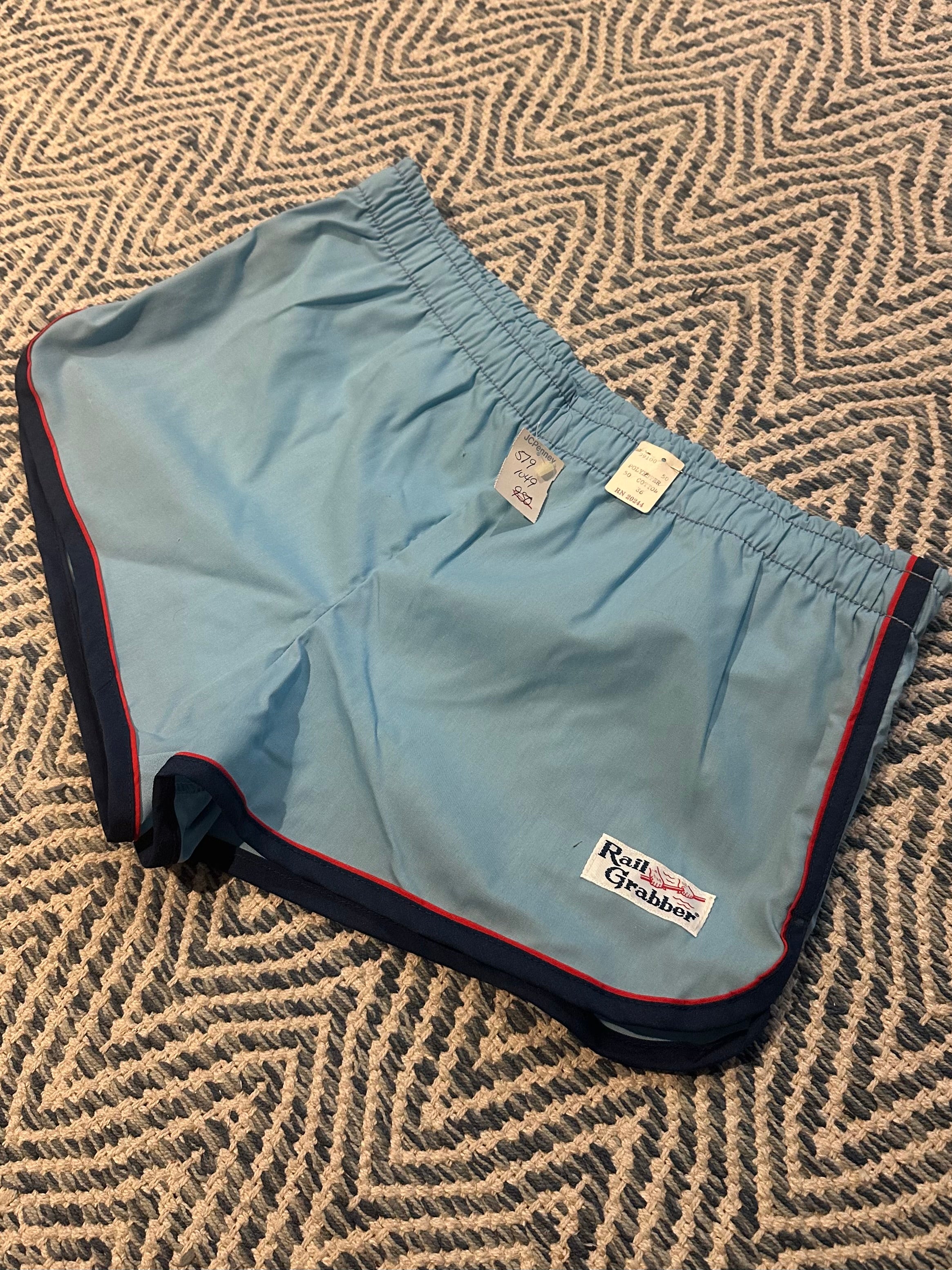 Vintage 1980s Deadstock NOS Rail Grabber Light Blue Red & Navy Striped Men's Swim Trunks Short Shorts