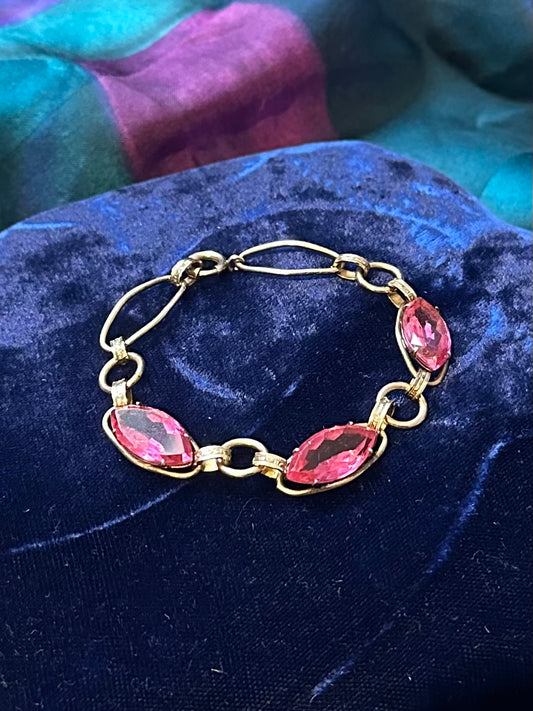 Art Deco 1930s 1940s 12k 1/20 Gold Filled & Pink Faceted Glass Marquise Rhinestone Bracelet