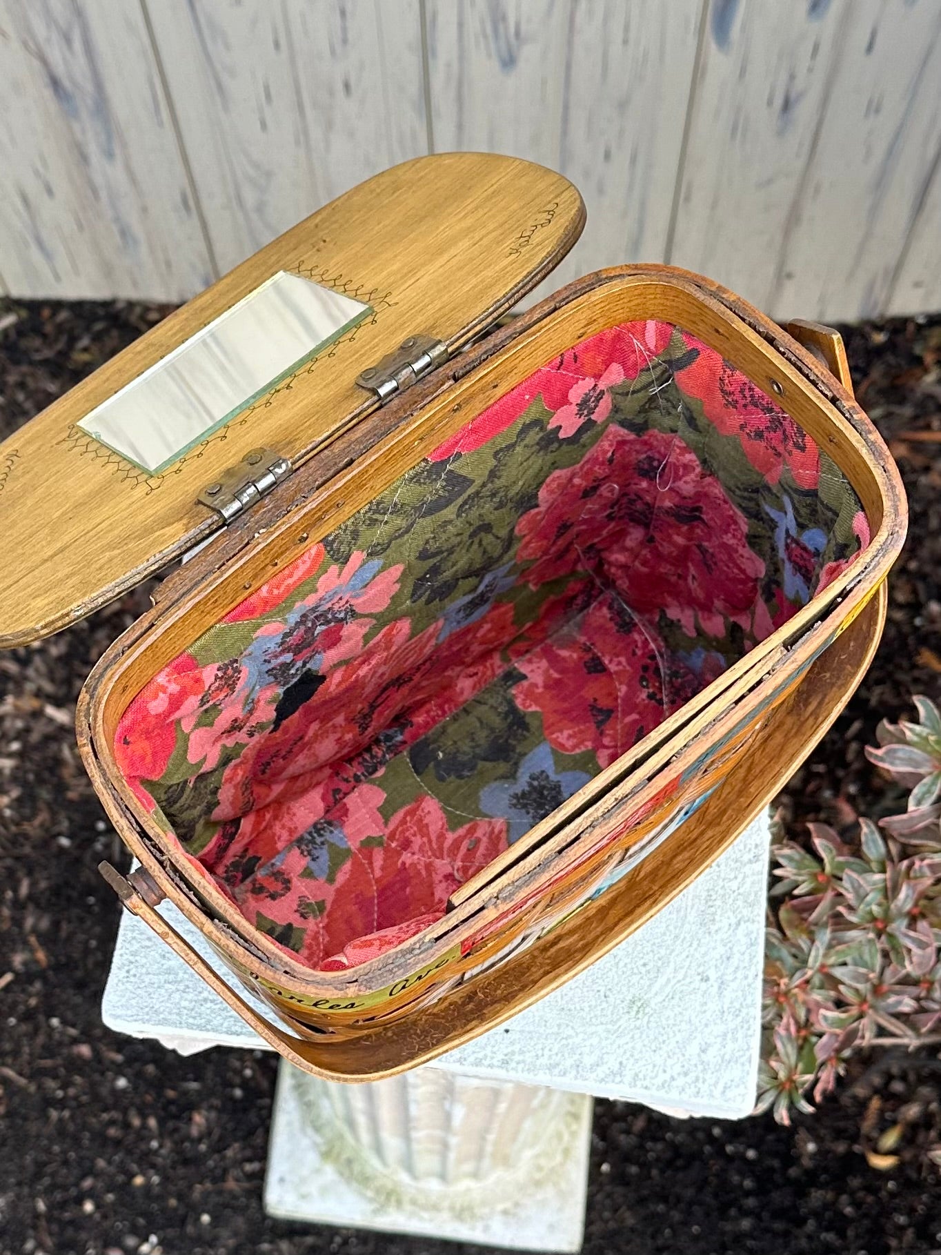 1960s New Orleans Hand Painted & Signed Katydid Wooden Picnic Basket Purse Specially for Godchaux