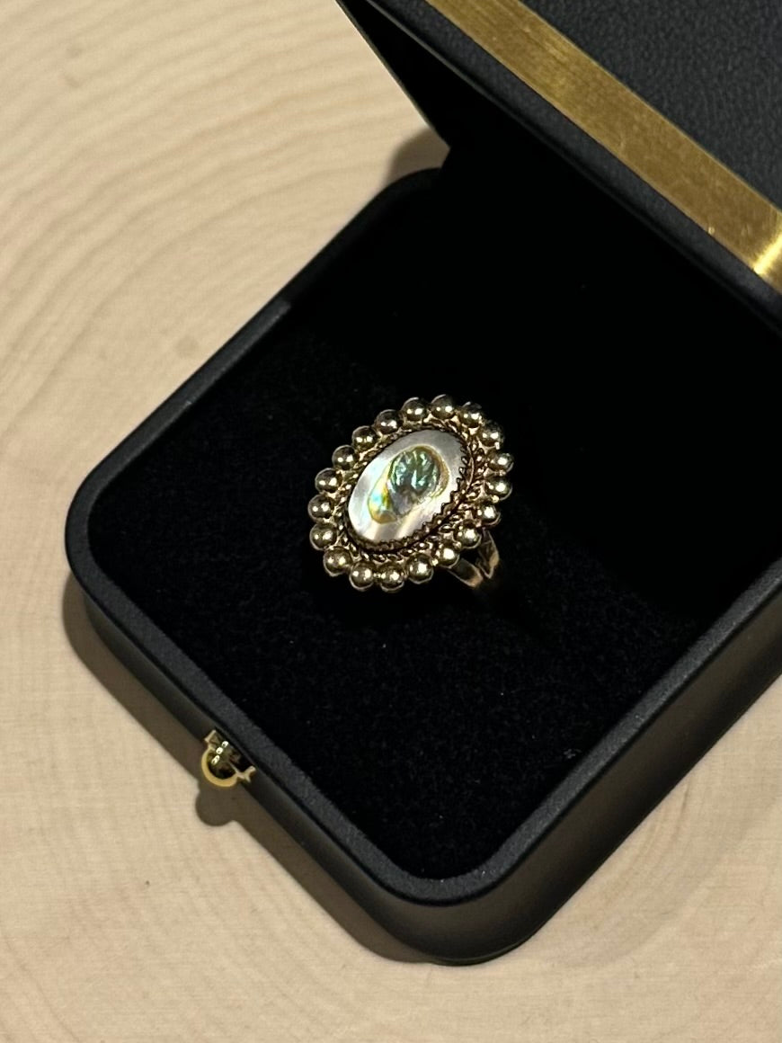 1970s Signed Bell Trading Post Sunbell 12k Gold Filled Abalone Ring US Size 6