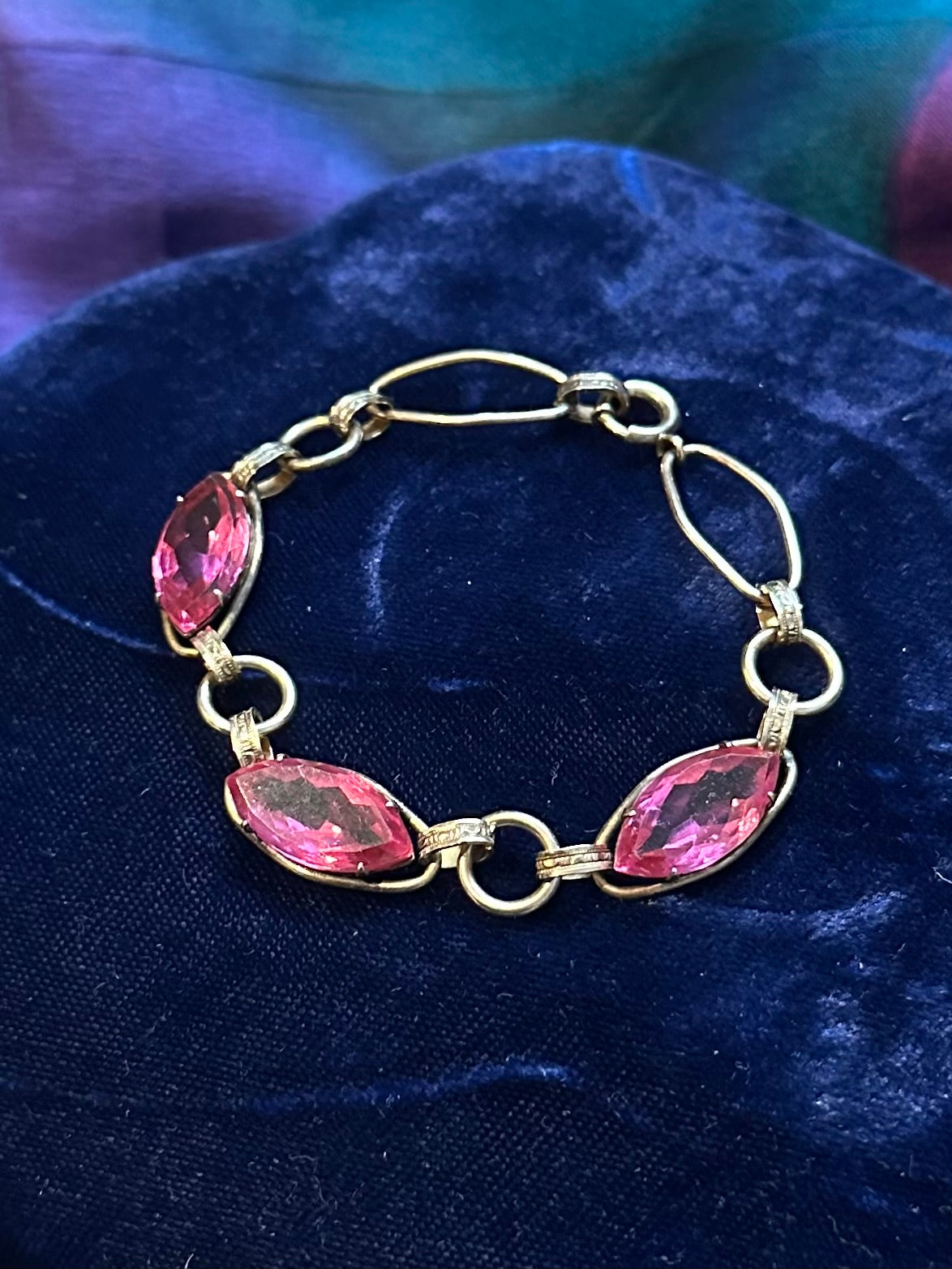 Art Deco 1930s 1940s 12k 1/20 Gold Filled & Pink Faceted Glass Marquise Rhinestone Bracelet