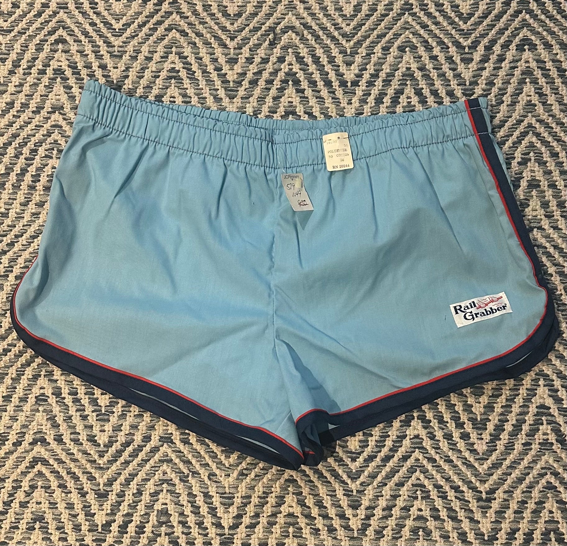Vintage 1980s Deadstock NOS Rail Grabber Light Blue Red & Navy Striped Men's Swim Trunks Short Shorts